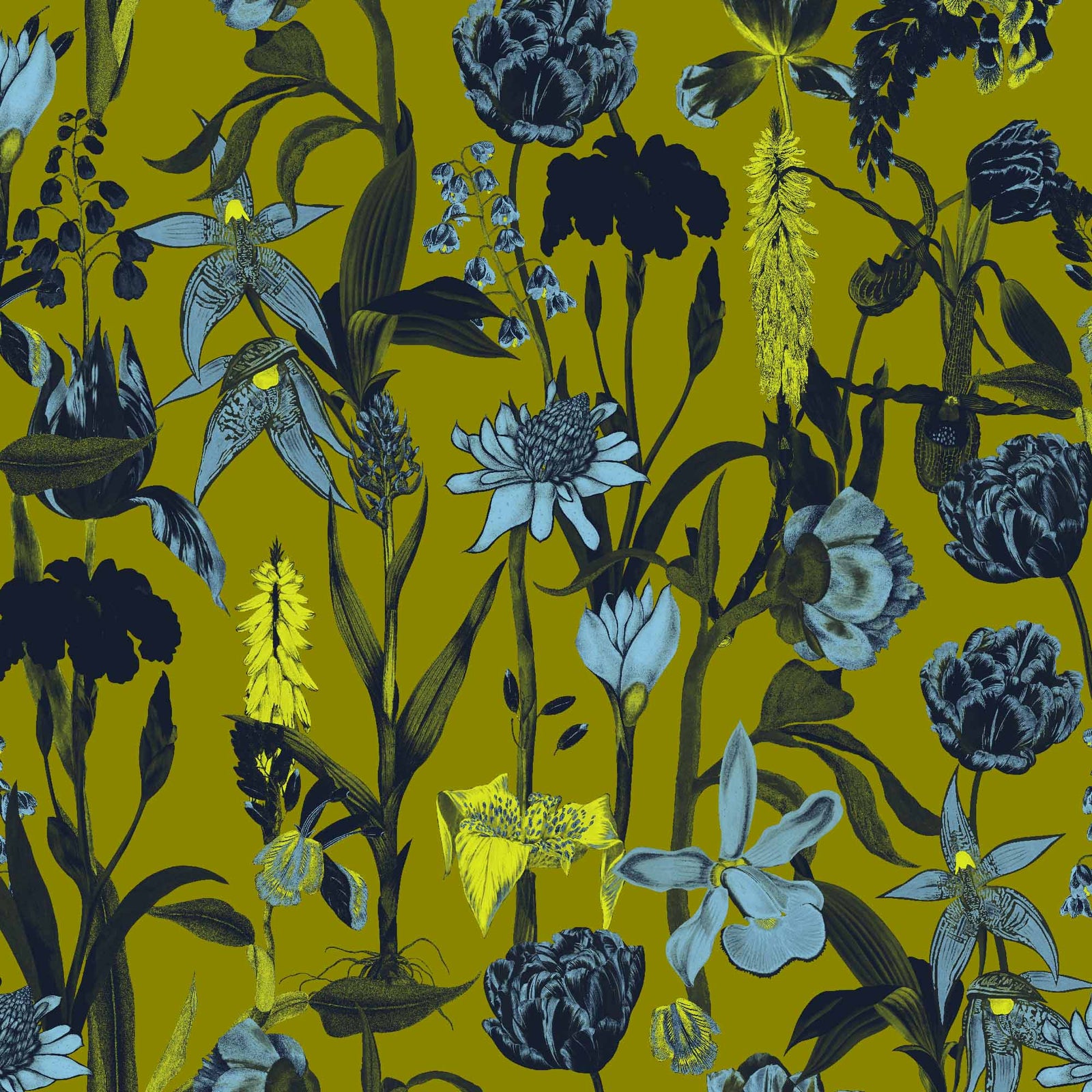 yellow_wallpaper displaying a floral pattern with various flowers in shades of dark blue, gray, and yellow on a light yellow background.