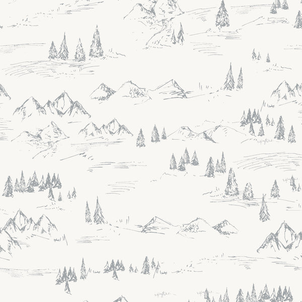 grey_A wallpaper featuring a grey and white mountainous landscape with trees.