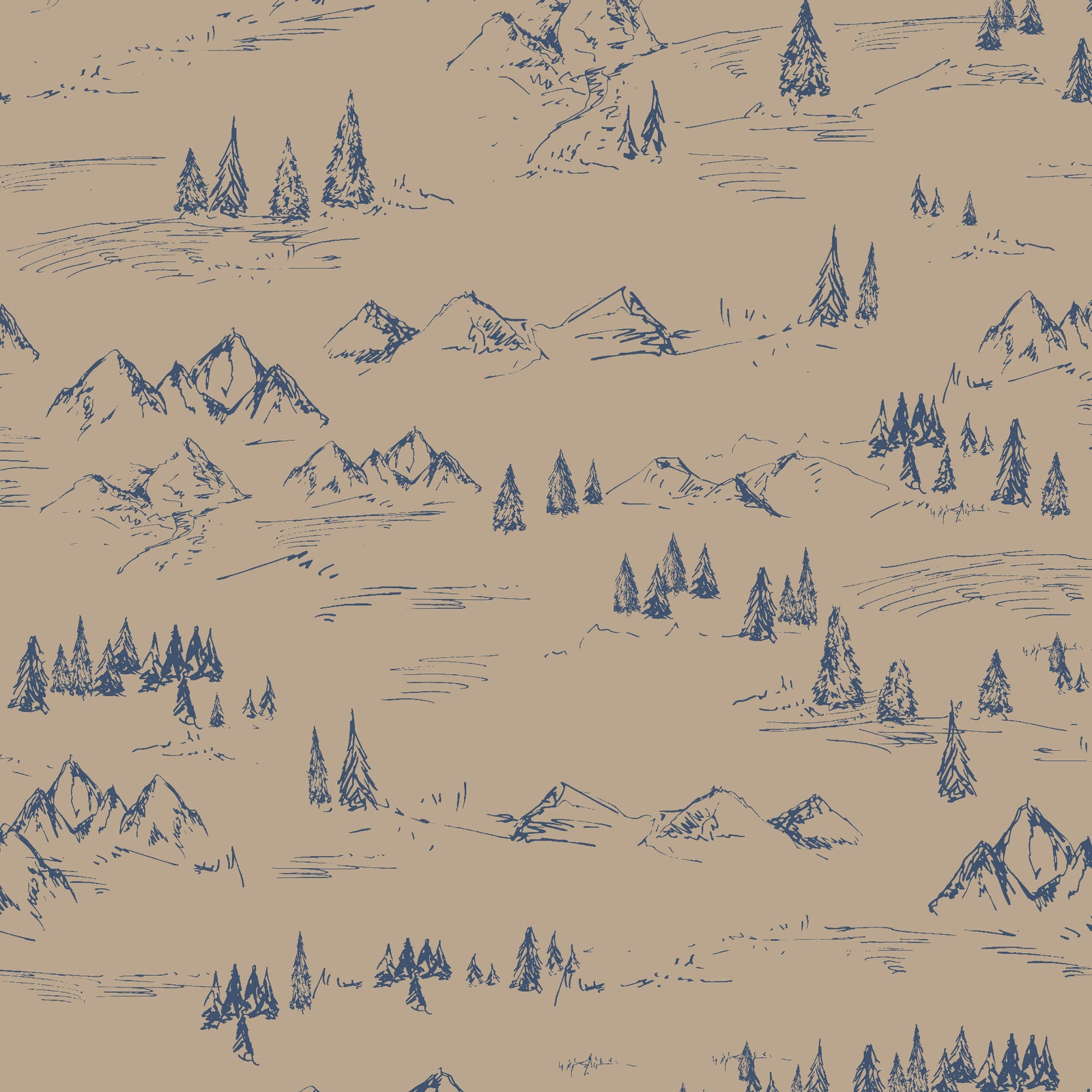 taupe_A wallpaper featuring a taupe and navy mountainous landscape with trees.