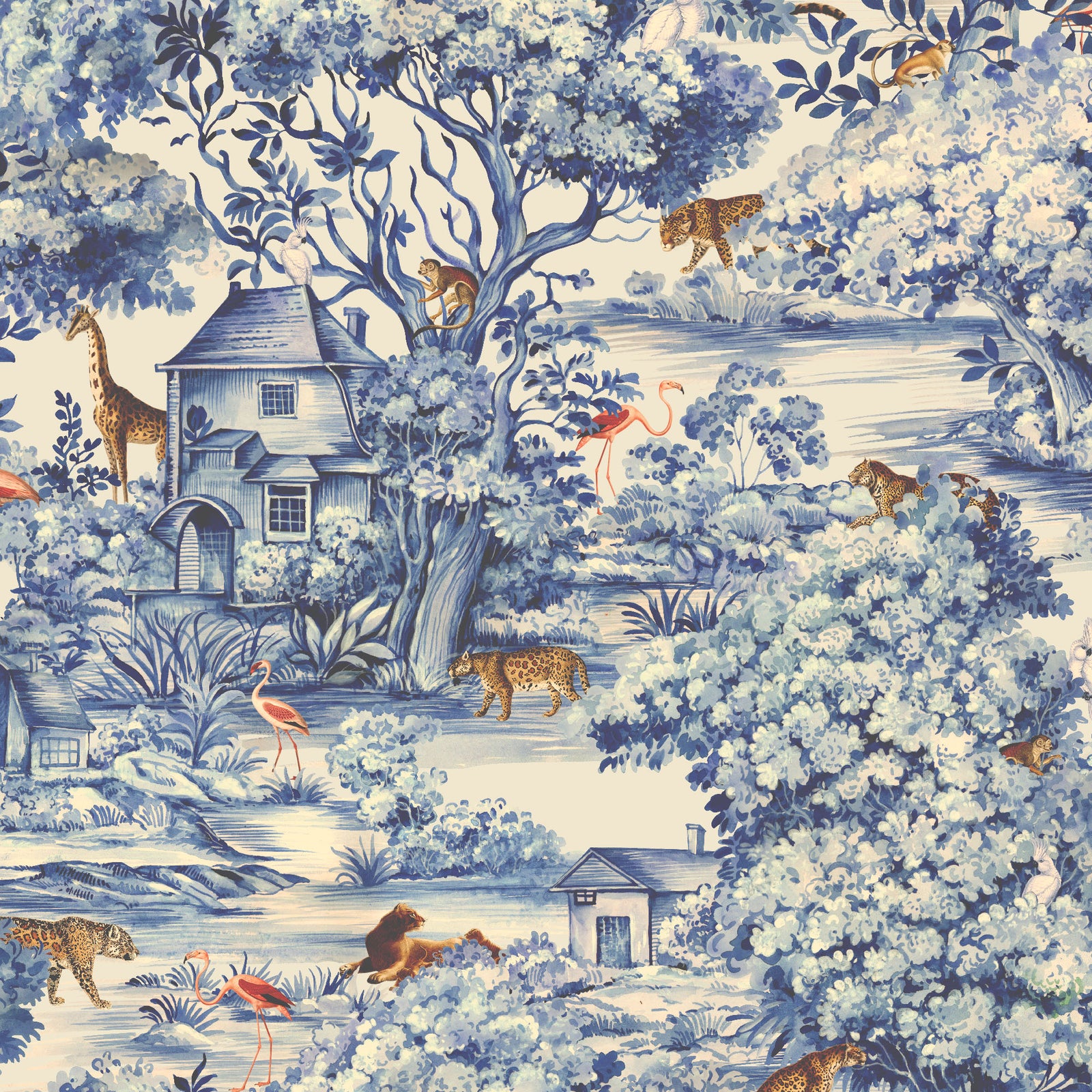 cream_Traditional wallpaper featuring a blue and white toile pattern with animals such as giraffes, lions, and flamingos, along with a depiction of a house and trees.
