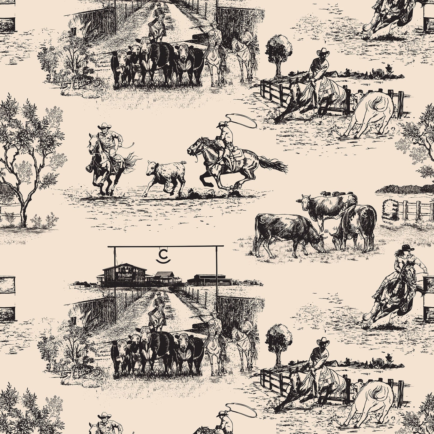 black-cream_traditional wallpaper featuring toile pattern with ranch scenes, including horses and cattle.