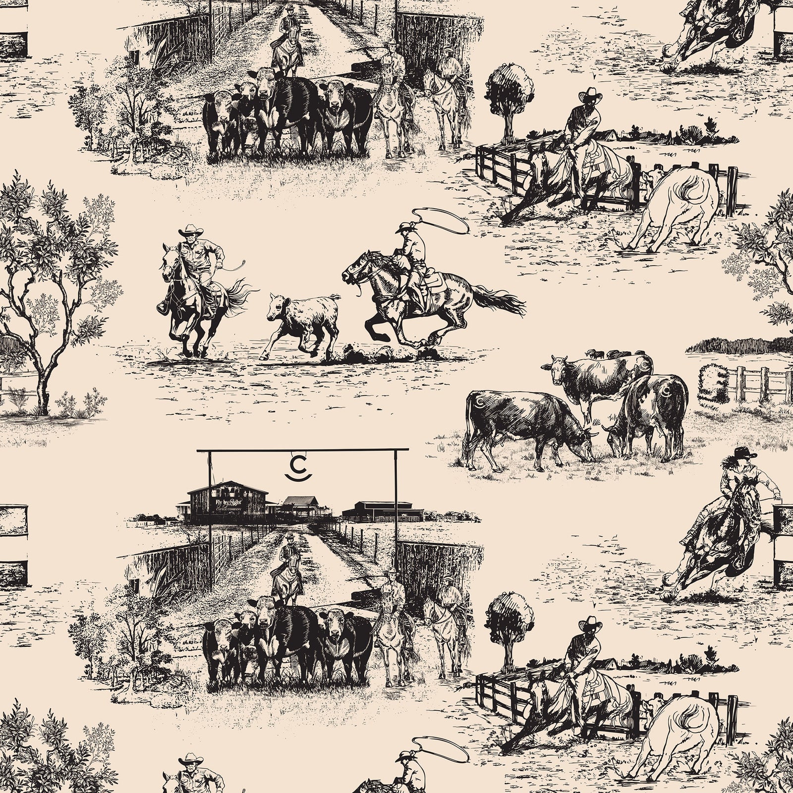 black-cream_traditional wallpaper featuring toile pattern with ranch scenes, including horses and cattle.