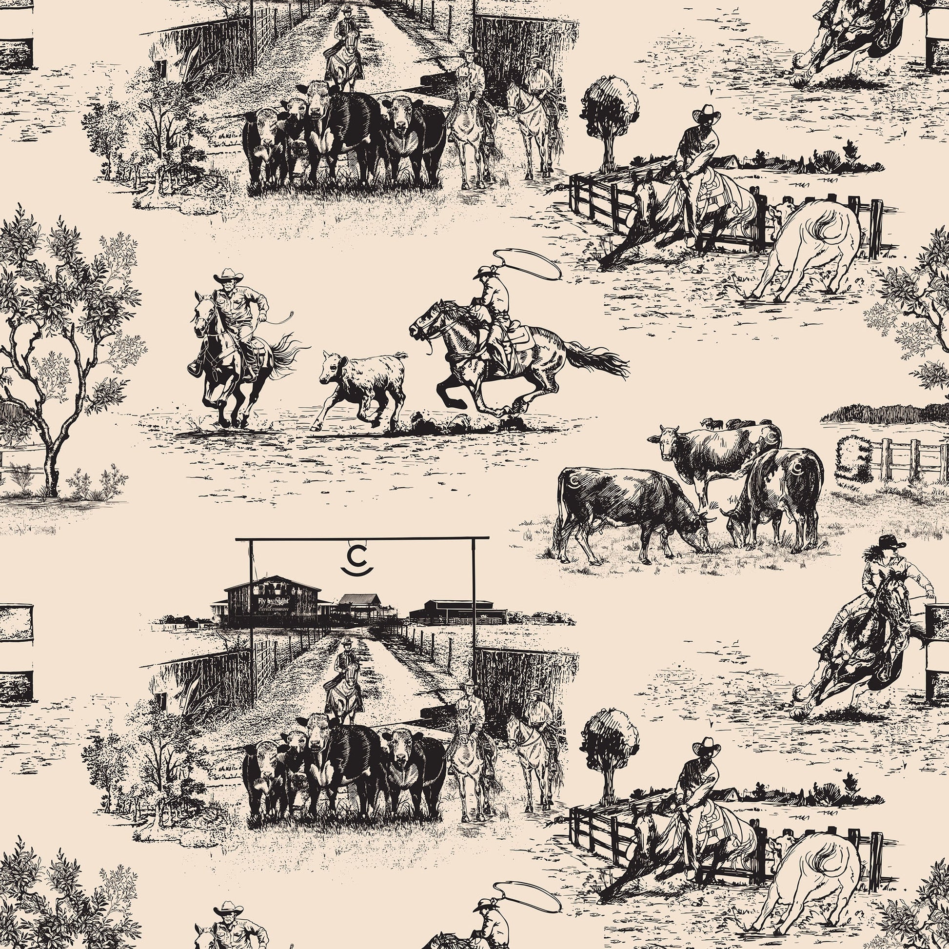 black-cream_traditional wallpaper featuring toile pattern with ranch scenes, including horses and cattle.
