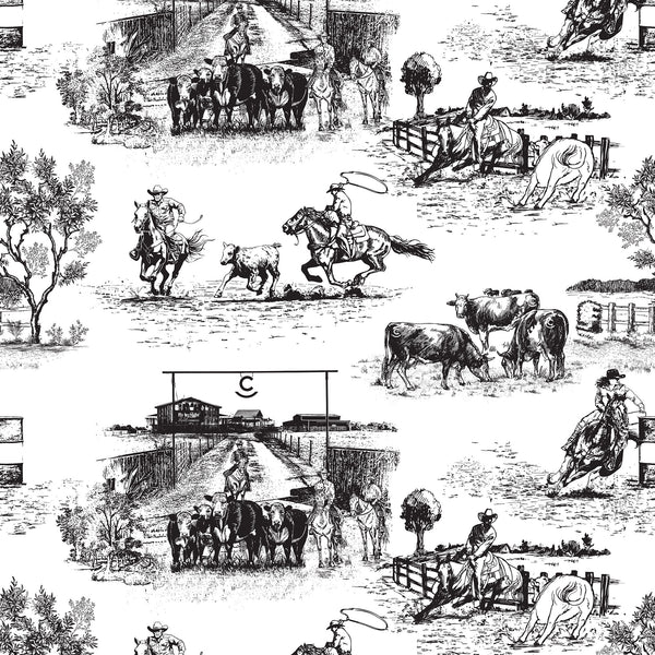 black-white_Black and white traditional wallpaper featuring toile pattern with ranch scenes, including horses and cattle.