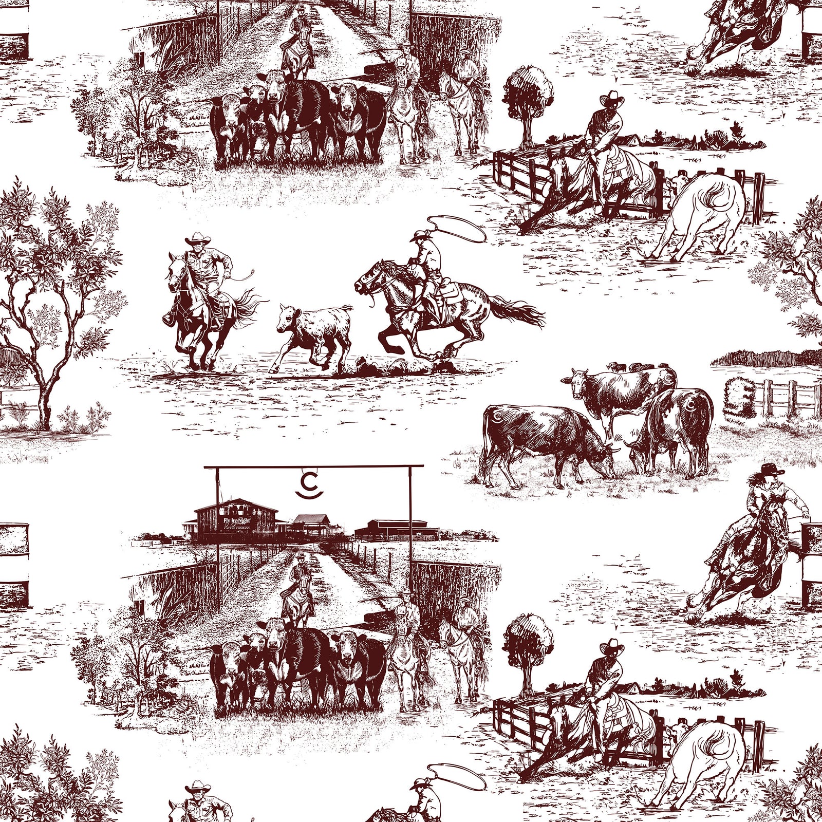 maroon_traditional wallpaper featuring toile pattern with ranch scenes, including horses and cattle.
