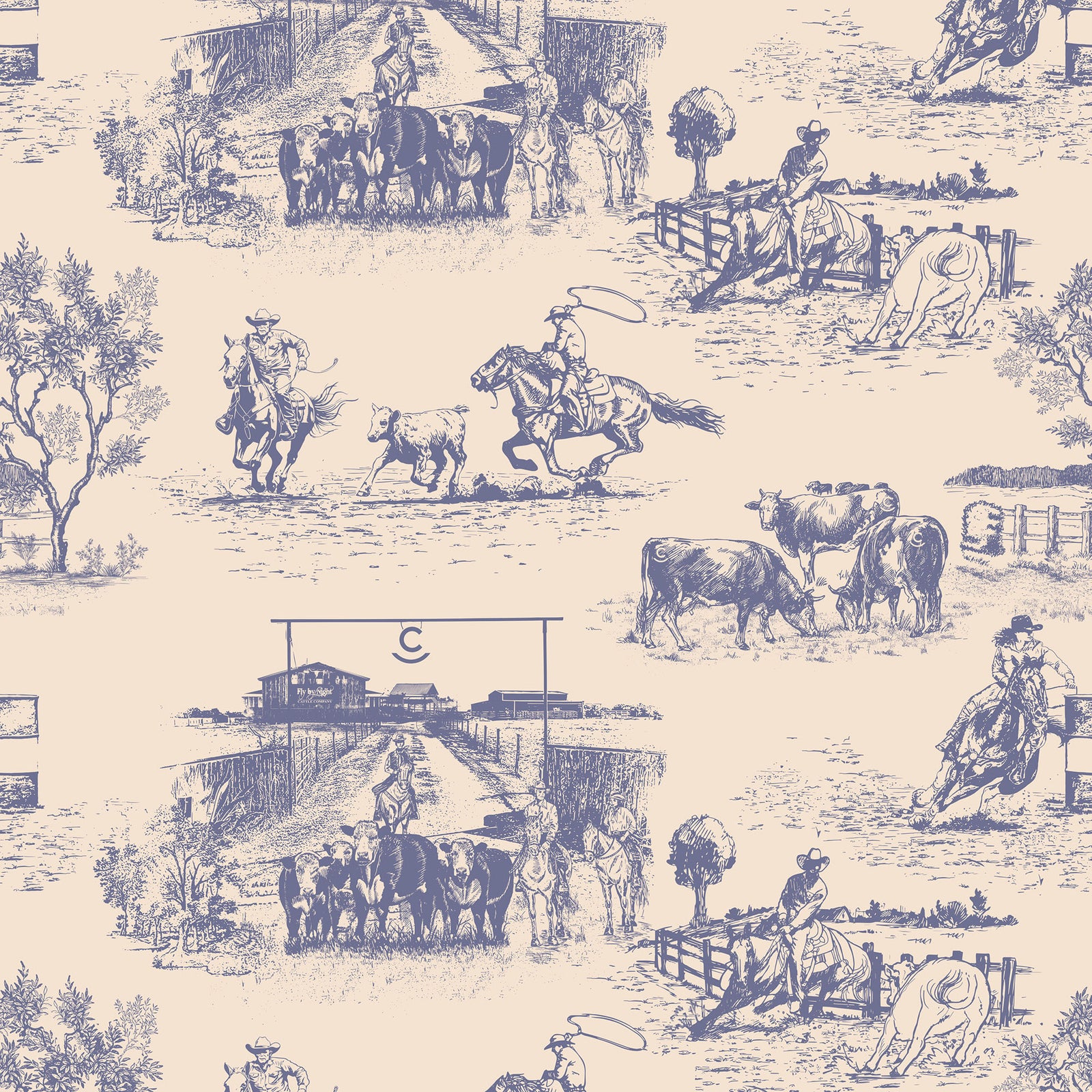 purple_traditional wallpaper featuring toile pattern with ranch scenes, including horses and cattle.