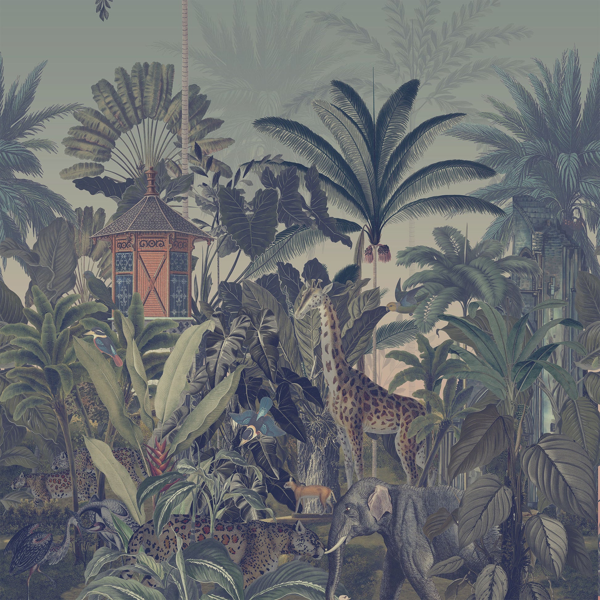 moody_A section of wallpaper showcasing a jungle scene with various plants, a small tower, and an animal which appears to be a giraffe.