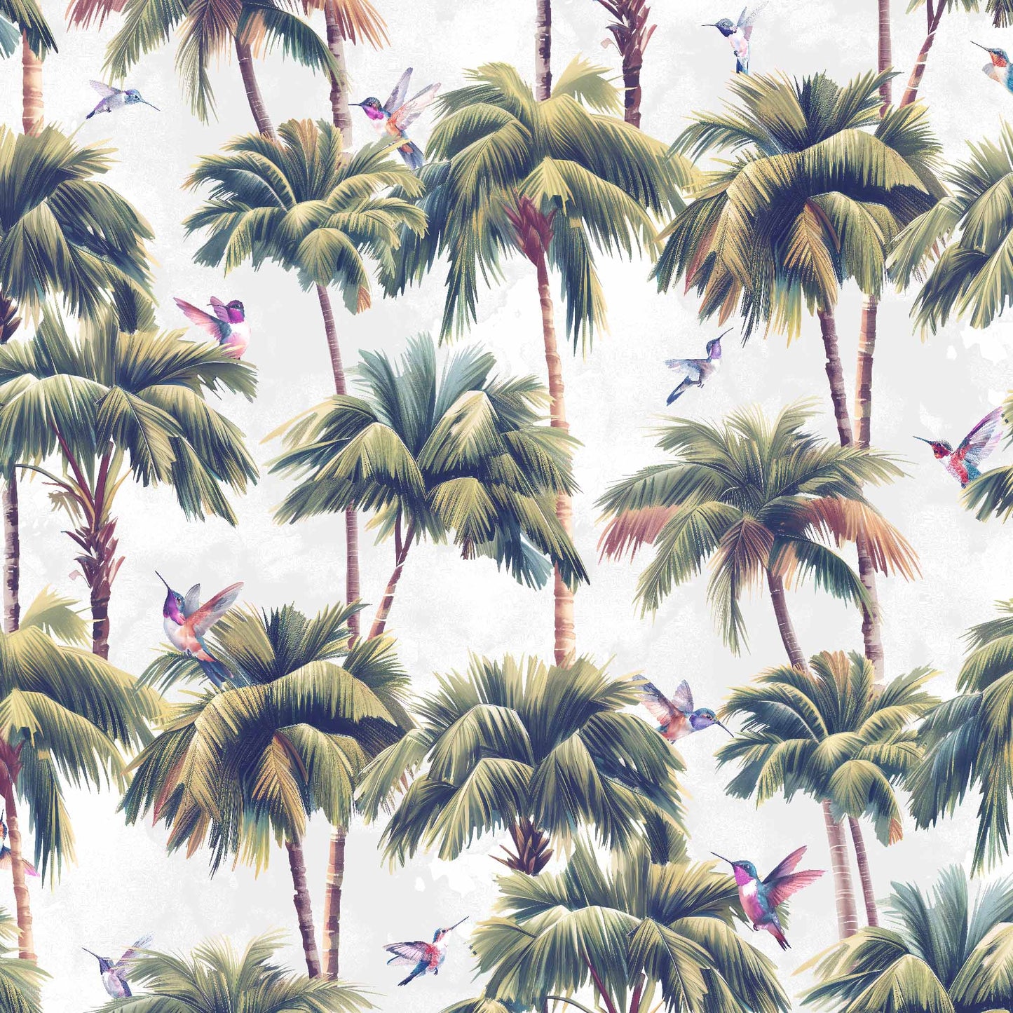 light-grey_A roll of wallpaper featuring a tropical pattern with palm trees and birds with a light grey background.