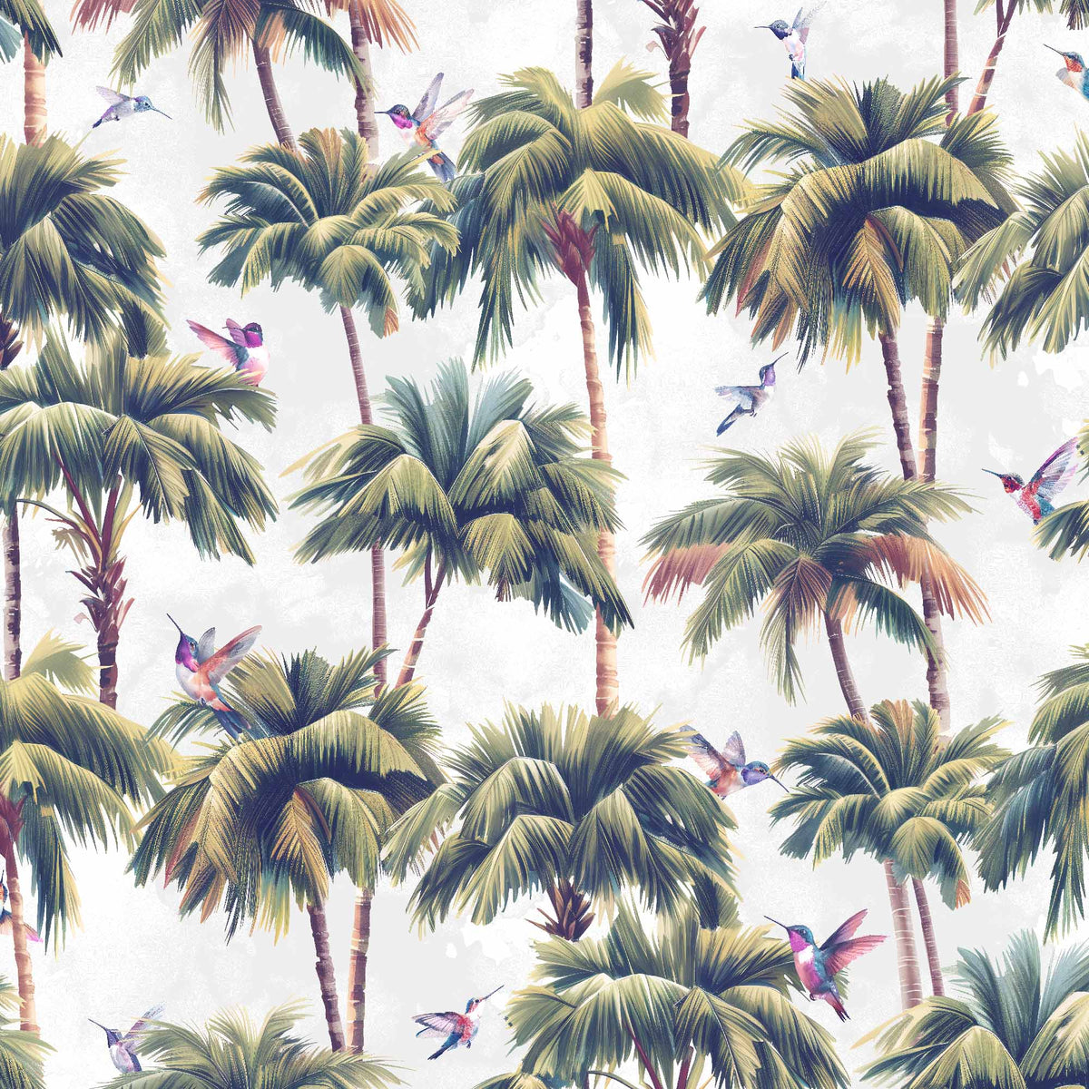 light-grey_A roll of wallpaper featuring a tropical pattern with palm trees and birds with a light grey background.