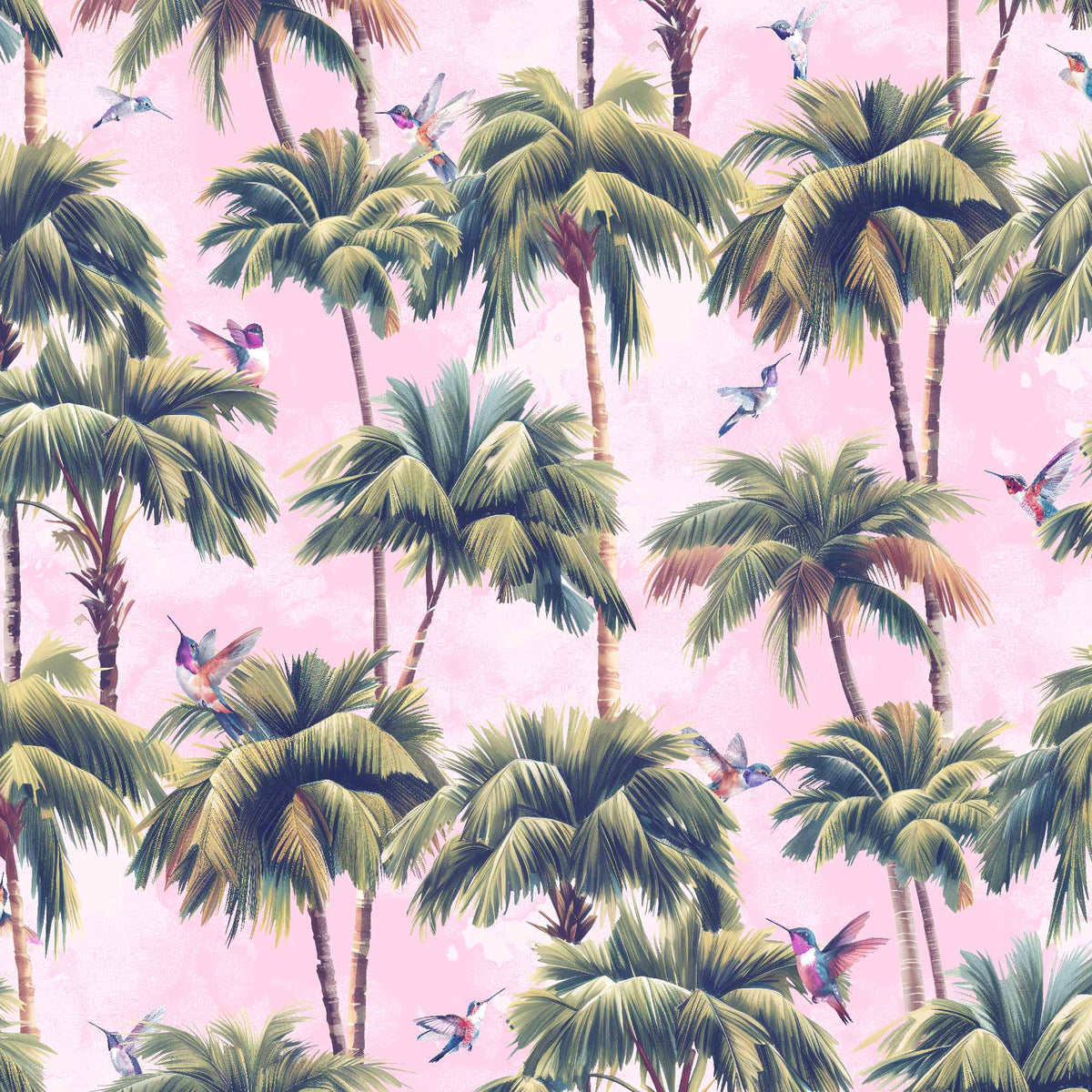 light-pink_A roll of wallpaper featuring a tropical pattern with palm trees and birds with a light pink background.