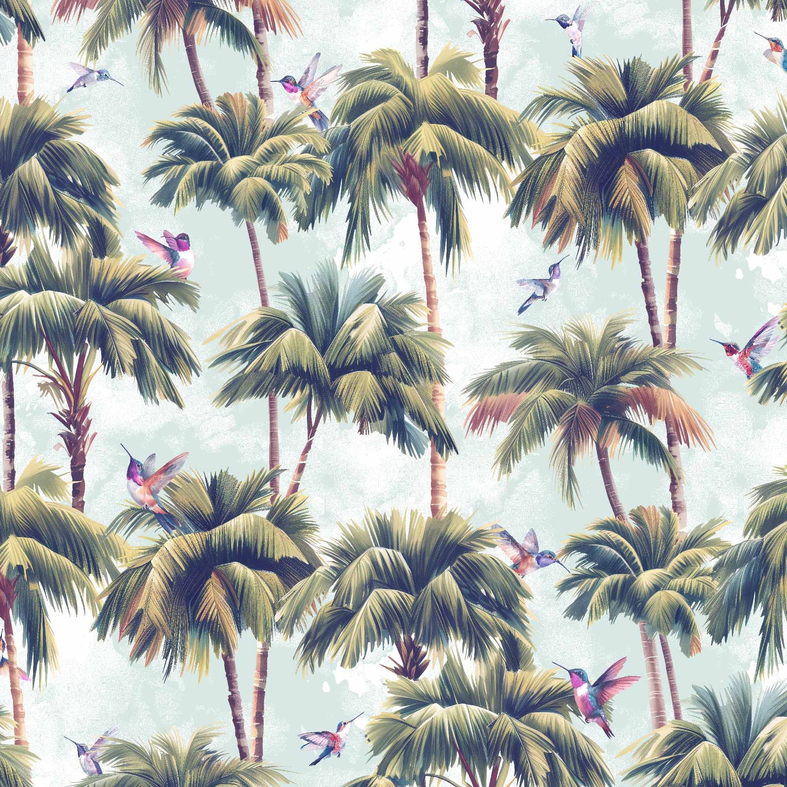 light-teal_A roll of wallpaper featuring a tropical pattern with palm trees and birds with a light teal background.