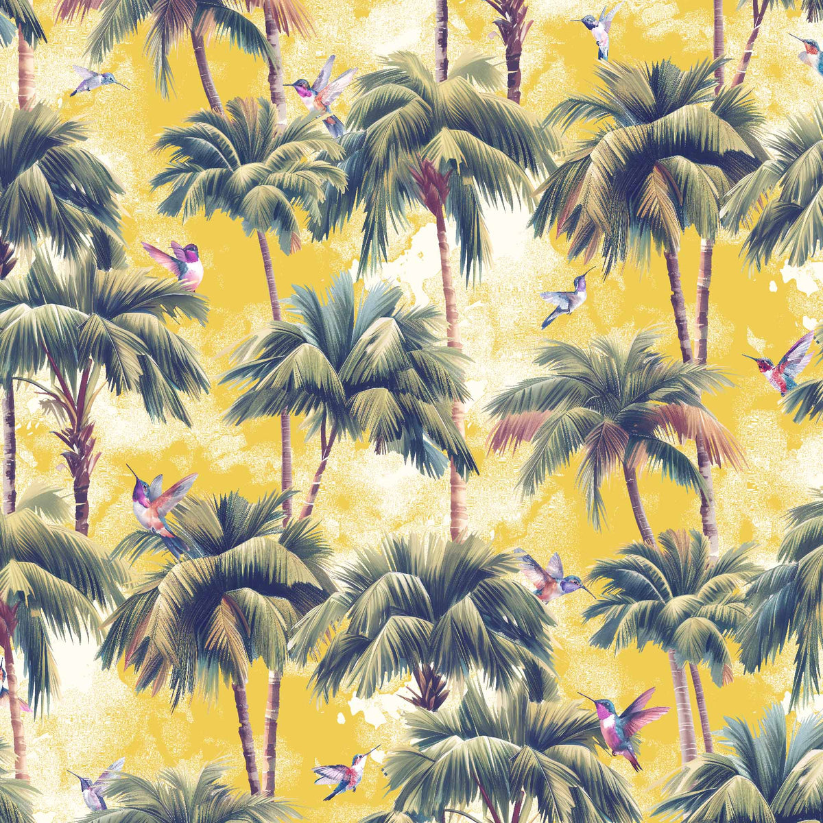 yellow_A roll of wallpaper featuring a tropical pattern with palm trees and birds with a yellow watercolor style background.