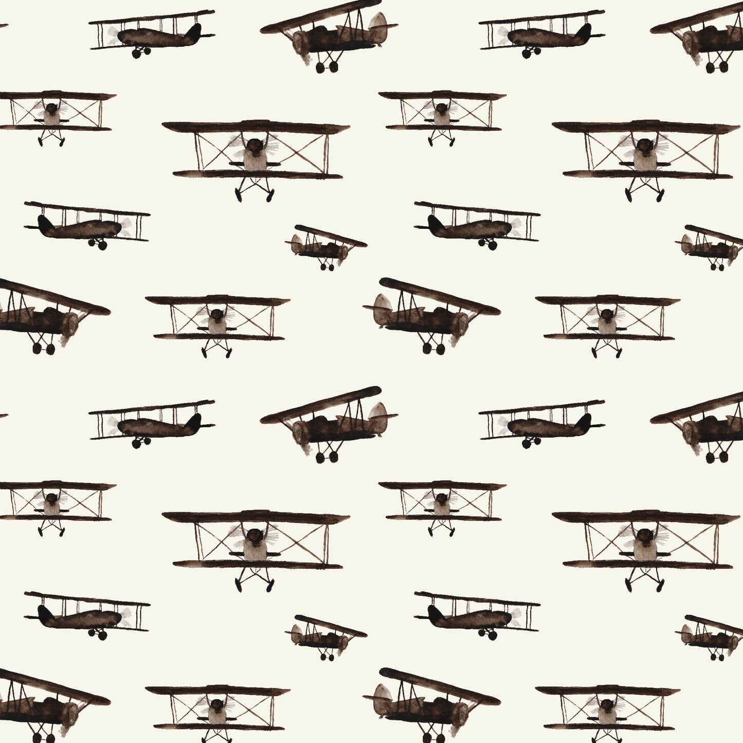 cream_A wallpaper featuring a repeated pattern of vintage airplanes in brown color on a cream background.