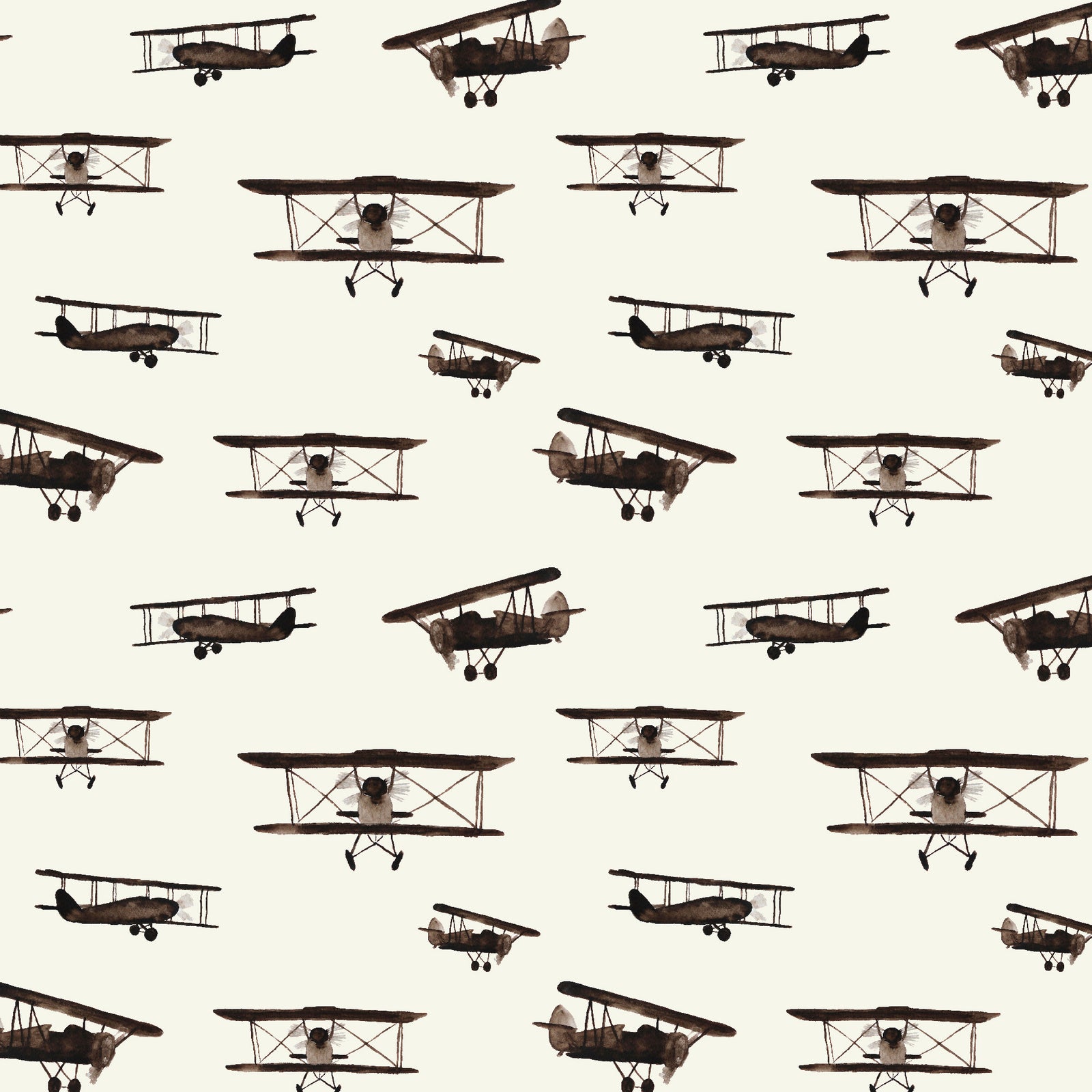 cream_A wallpaper featuring a repeated pattern of vintage airplanes in brown color on a cream background.