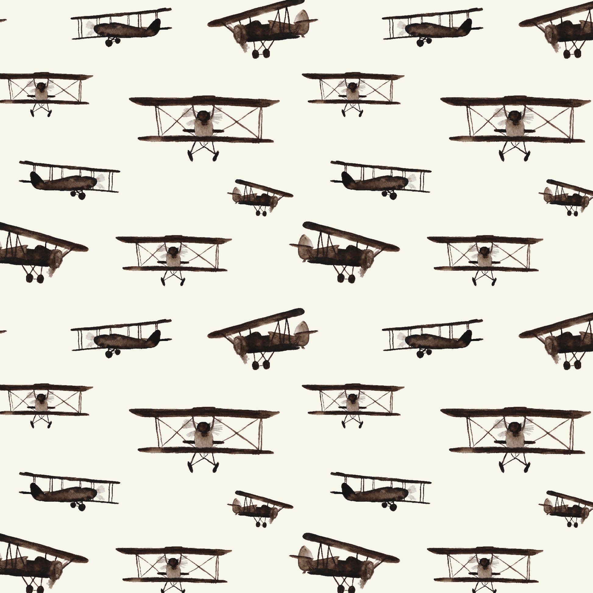 cream_A wallpaper featuring a repeated pattern of vintage airplanes in brown color on a cream background.