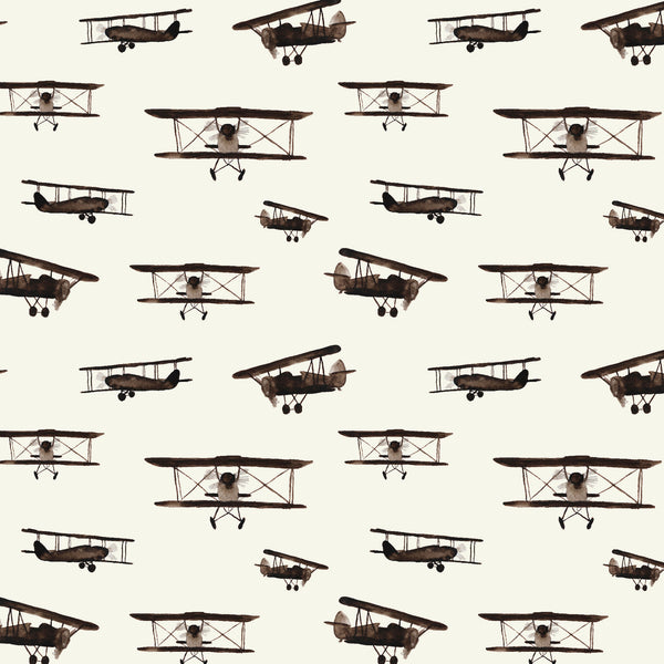 cream_A wallpaper featuring a repeated pattern of vintage airplanes in brown color on a cream background.