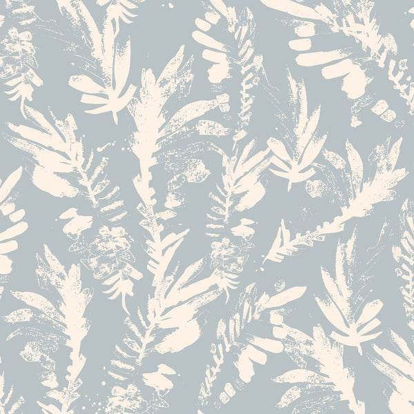 light-blue_A section of floral wallpaper with a pattern of off white wildflowers on a blue background.