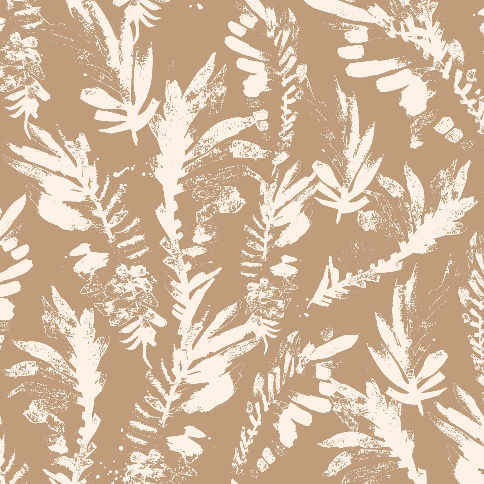 tan_A section of floral wallpaper with a pattern of off white wildflowers on a tan background.