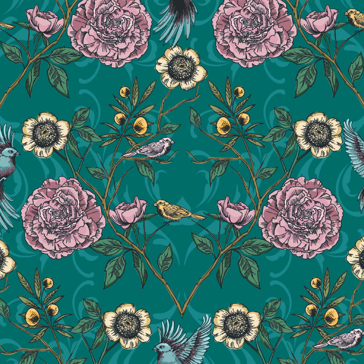 teal_A roll of wallpaper featuring a floral and bird pattern on a teal background.