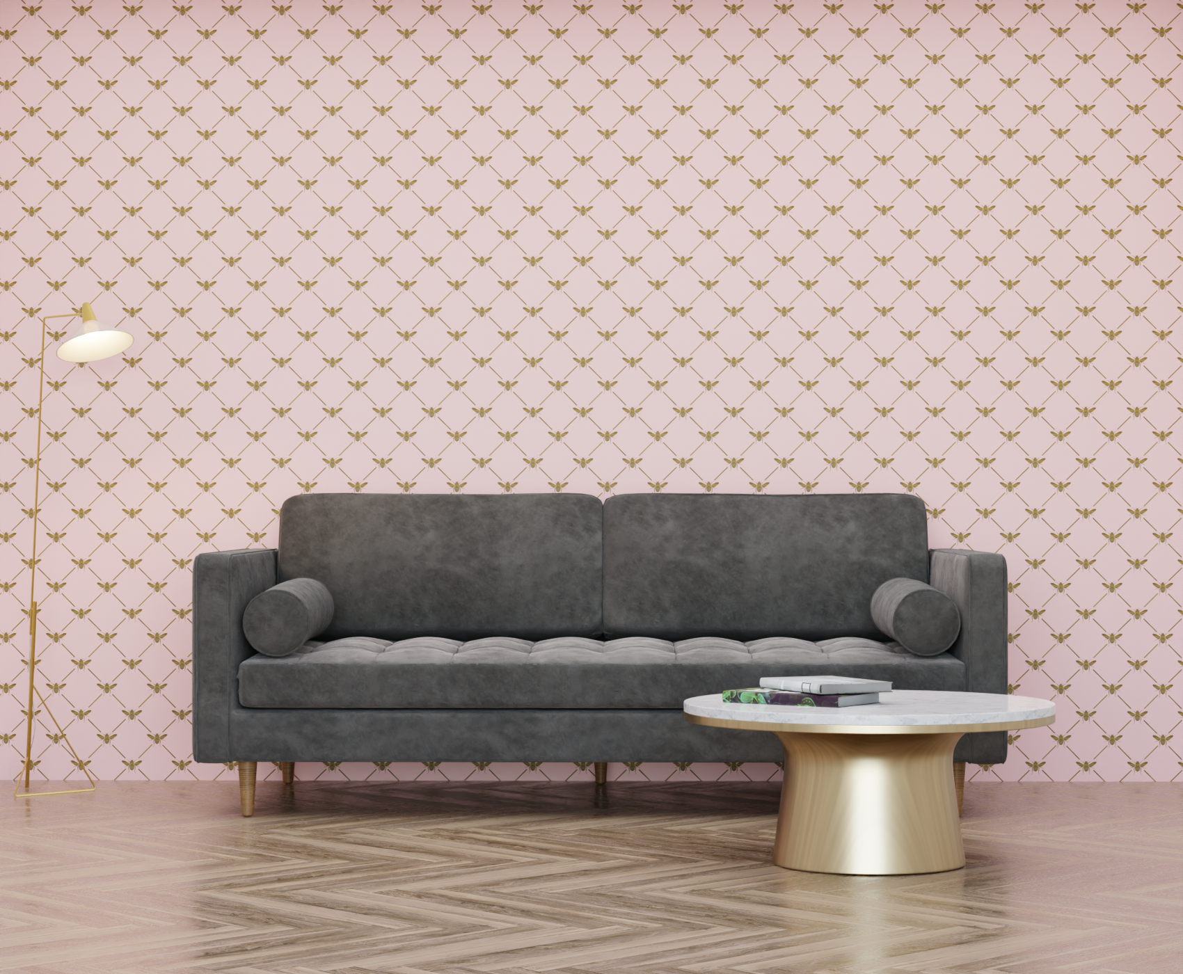 pink_A wallpaper pattern featuring gold bees on a pink background.