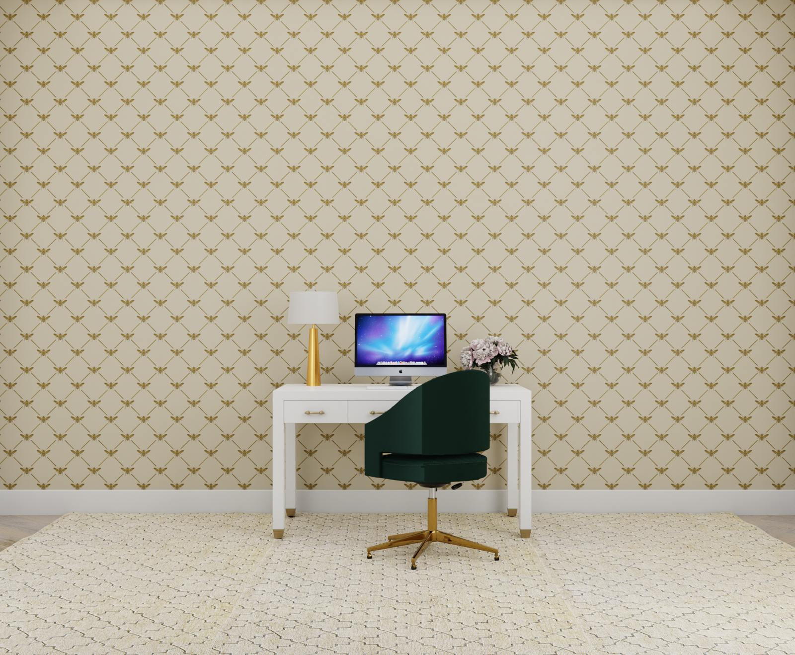 tan_A wallpaper pattern featuring gold bees on a beige background.
