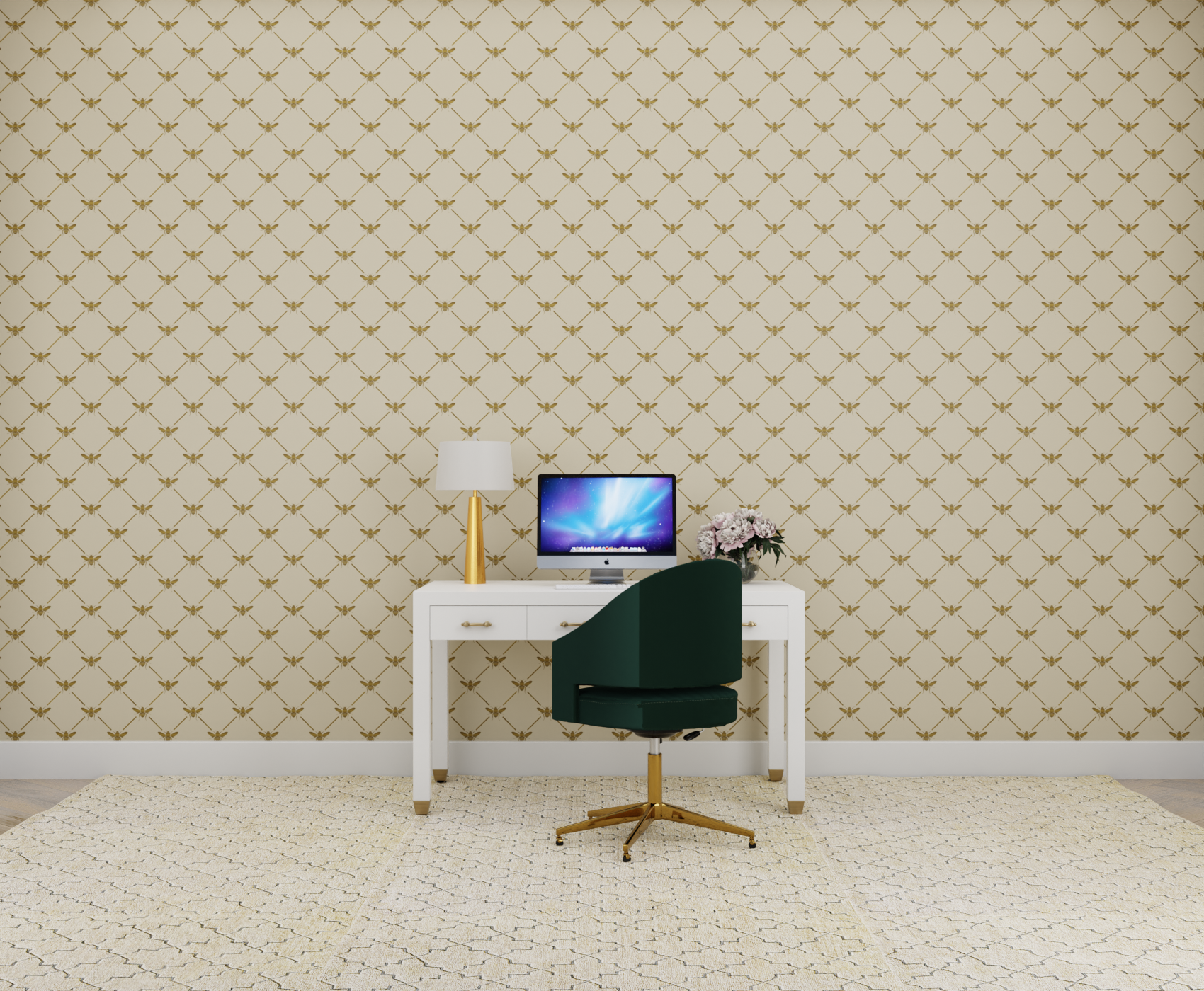 tan_A wallpaper pattern featuring gold bees on a beige background.