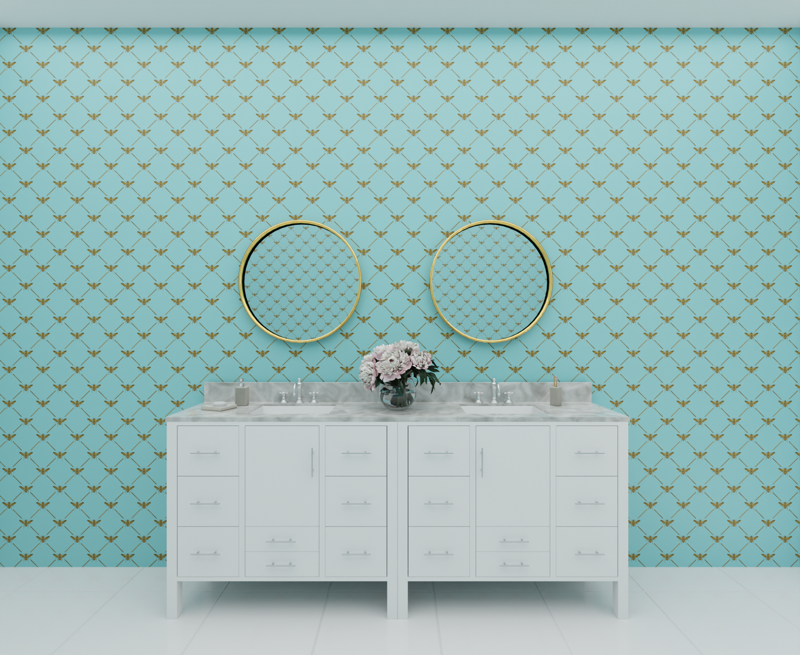 blue_A wallpaper pattern featuring blue bees on a pink background.