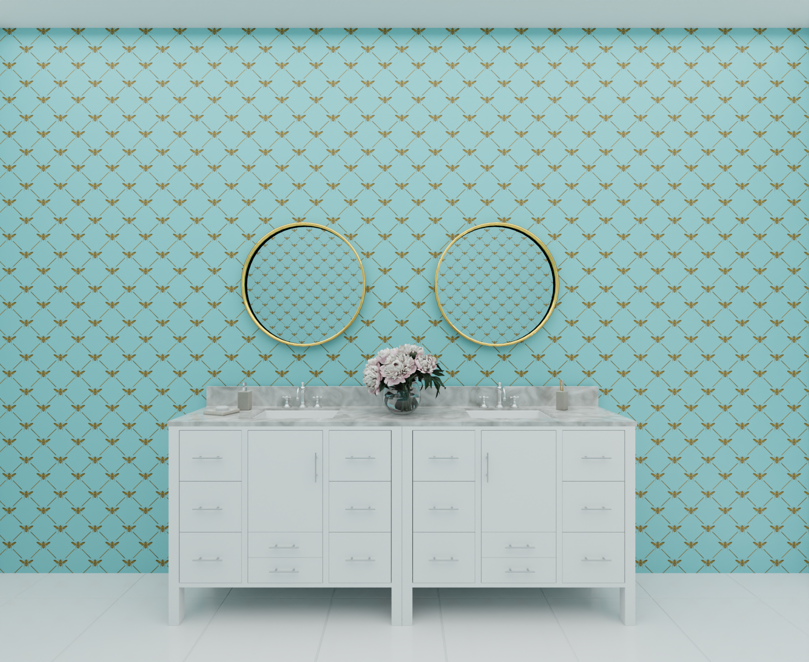 blue_A wallpaper pattern featuring blue bees on a pink background.