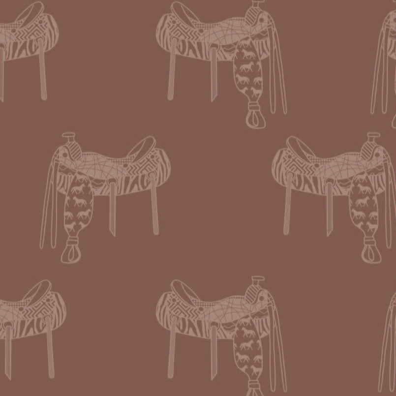 brown_A wallpaper featuring a pattern of illustrated saddles on a brown background.