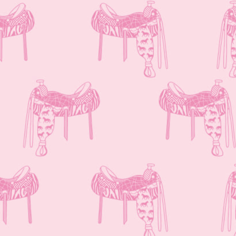 pink_A wallpaper featuring a pattern of illustrated saddles on a pink background.