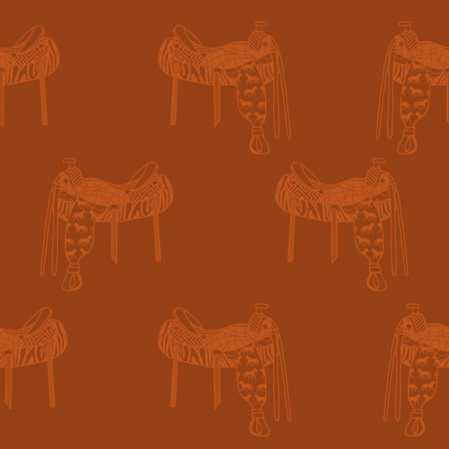 rust_A wallpaper featuring a pattern of illustrated saddles on a rust background.
