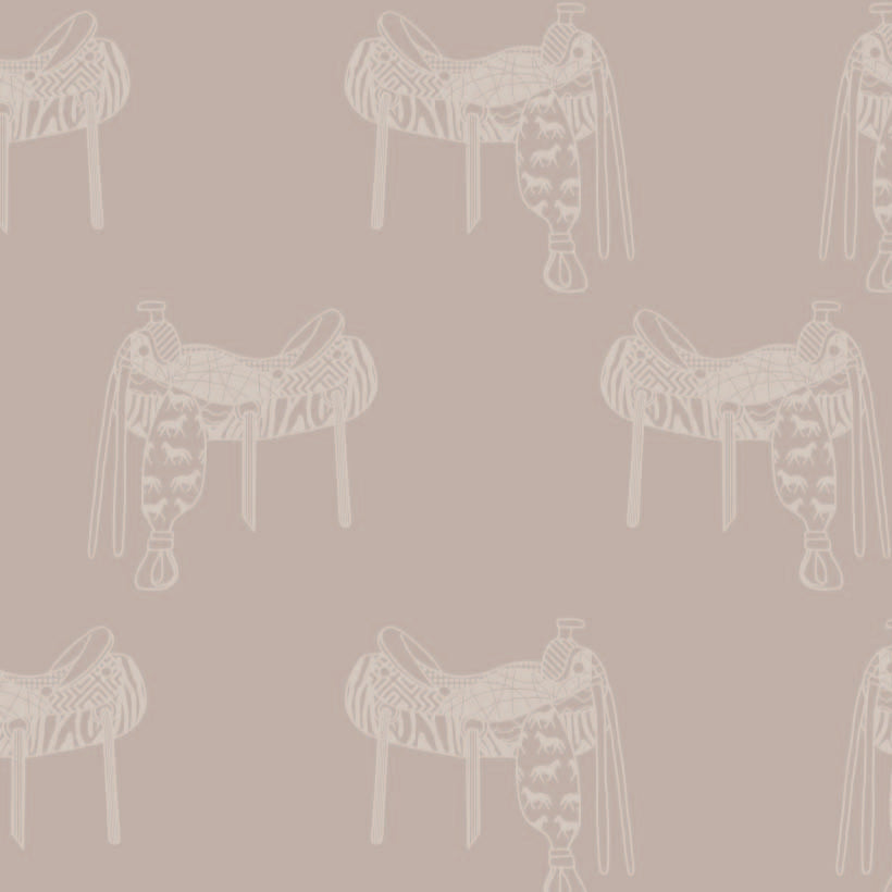 taupe_A wallpaper featuring a pattern of illustrated saddles on a taupe background.