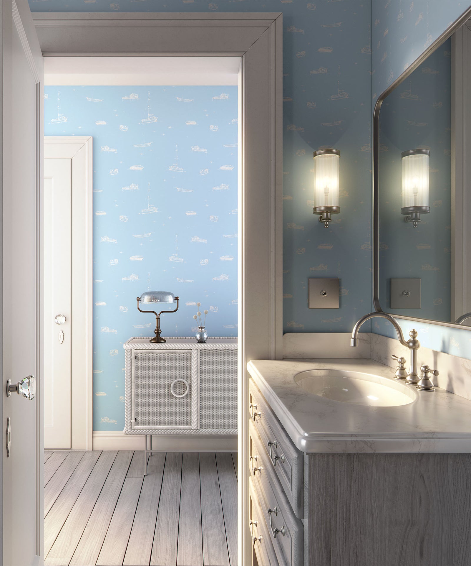 light-blue_A wallpaper with a light blue and white sketch pattern featuring boats on the ocean in a bathroom