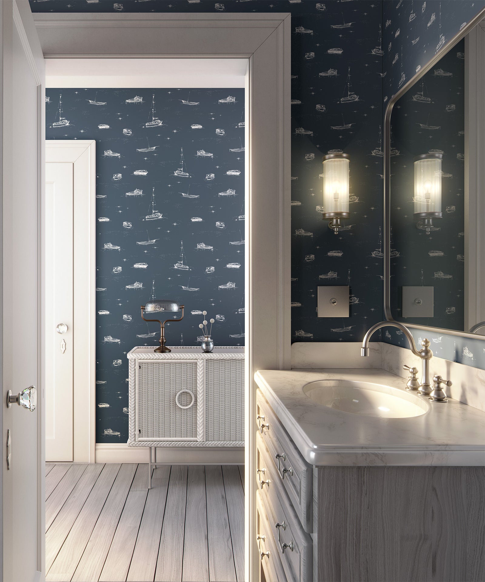 slate_A wallpaper with a slate and white sketch pattern featuring boats on the ocean in a bathroom