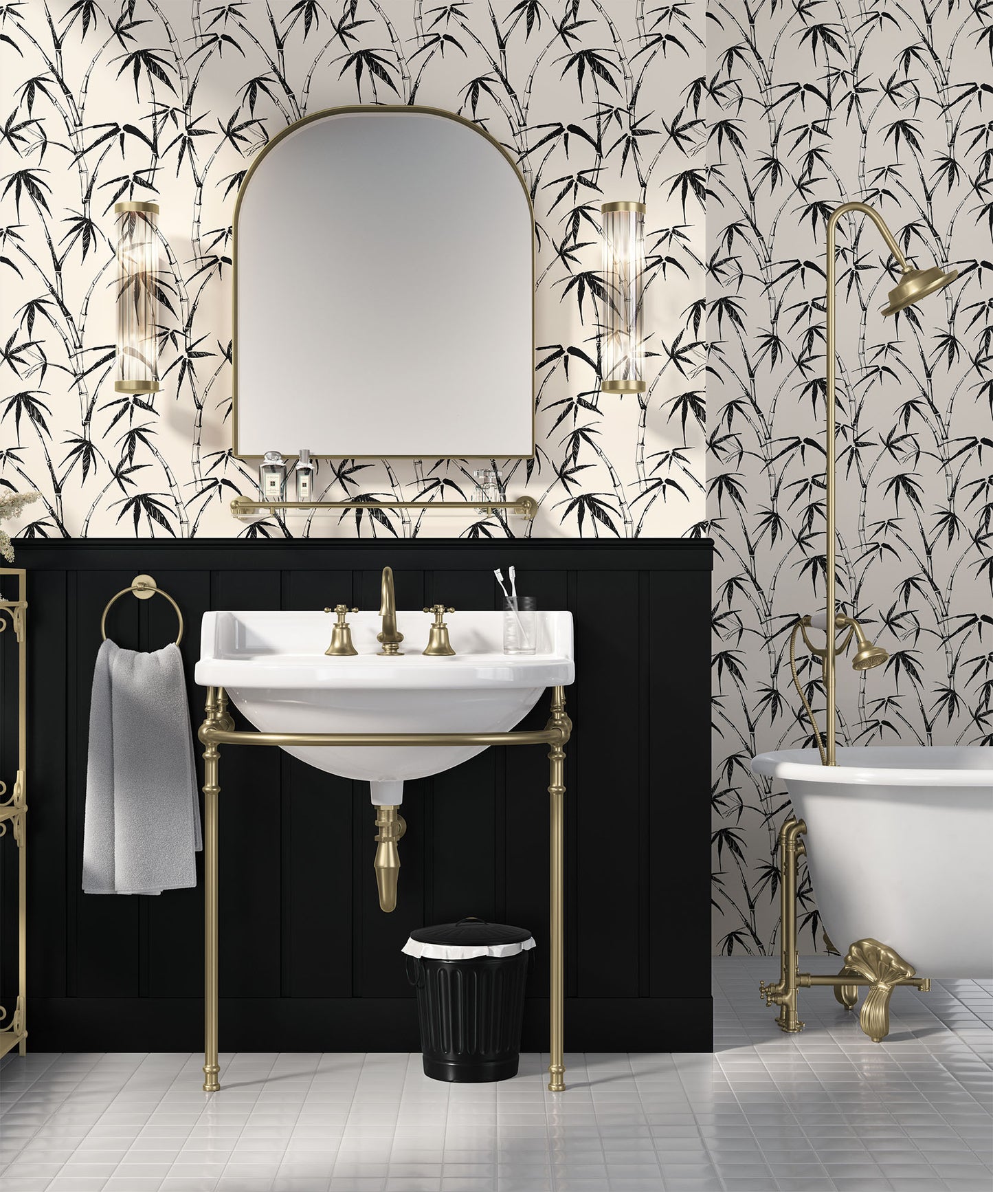 black_traditional wallpaper featuring a sketch of bamboo leaves and stems in black on a cream background in a bathroom