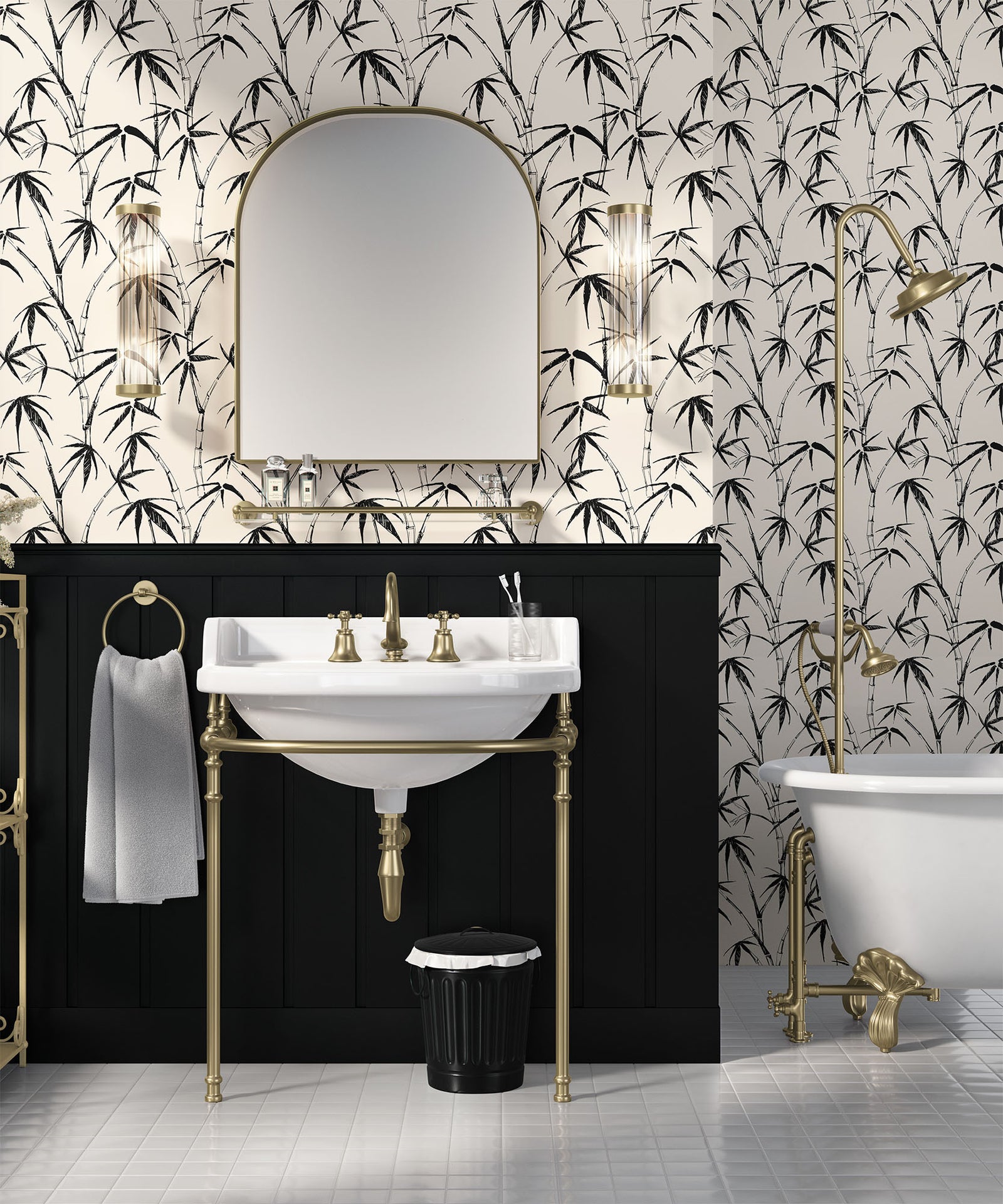 black_traditional wallpaper featuring a sketch of bamboo leaves and stems in black on a cream background in a bathroom