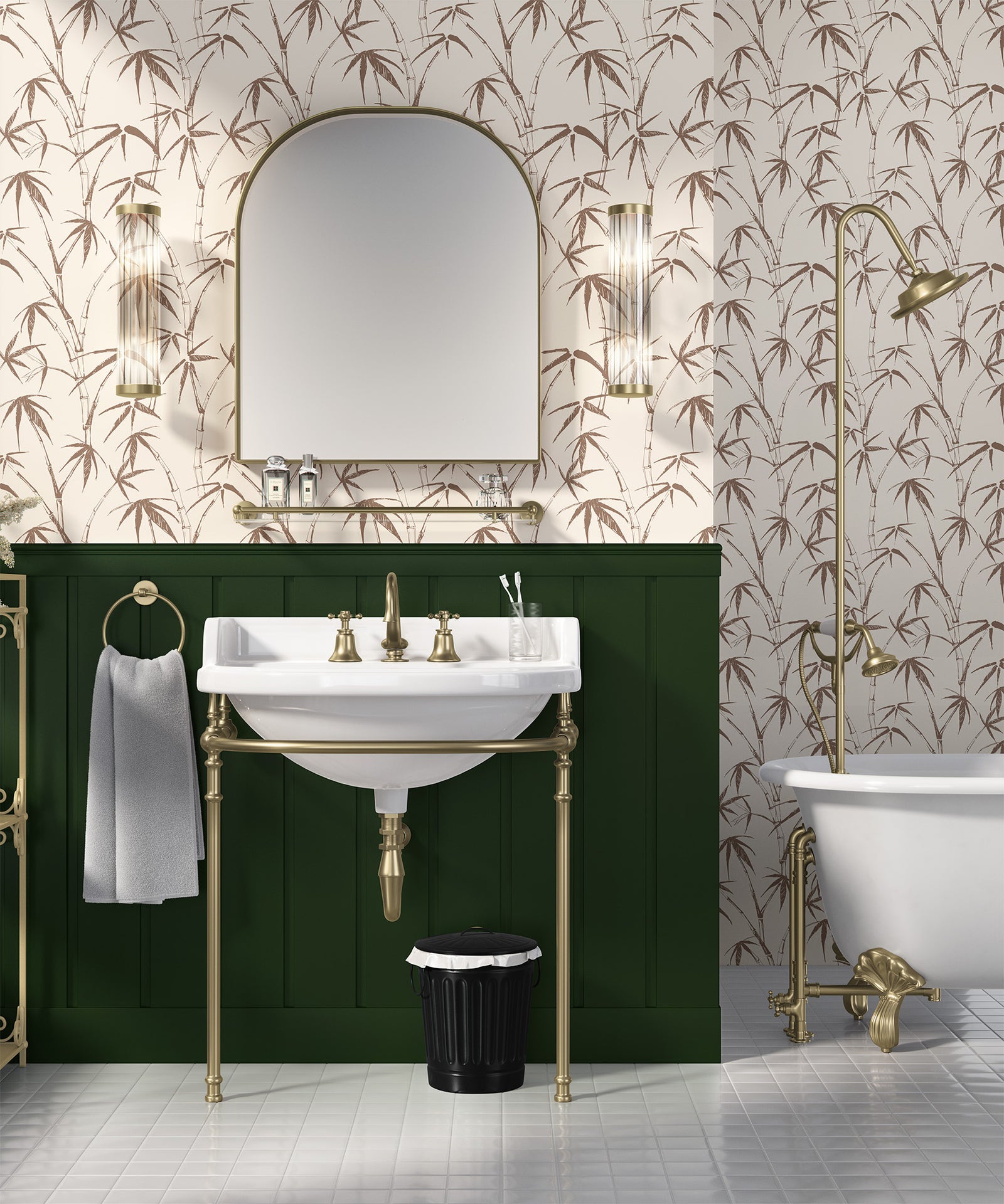 brown_traditional wallpaper featuring a sketch of bamboo leaves and stems in brown on a cream background in a bathroom