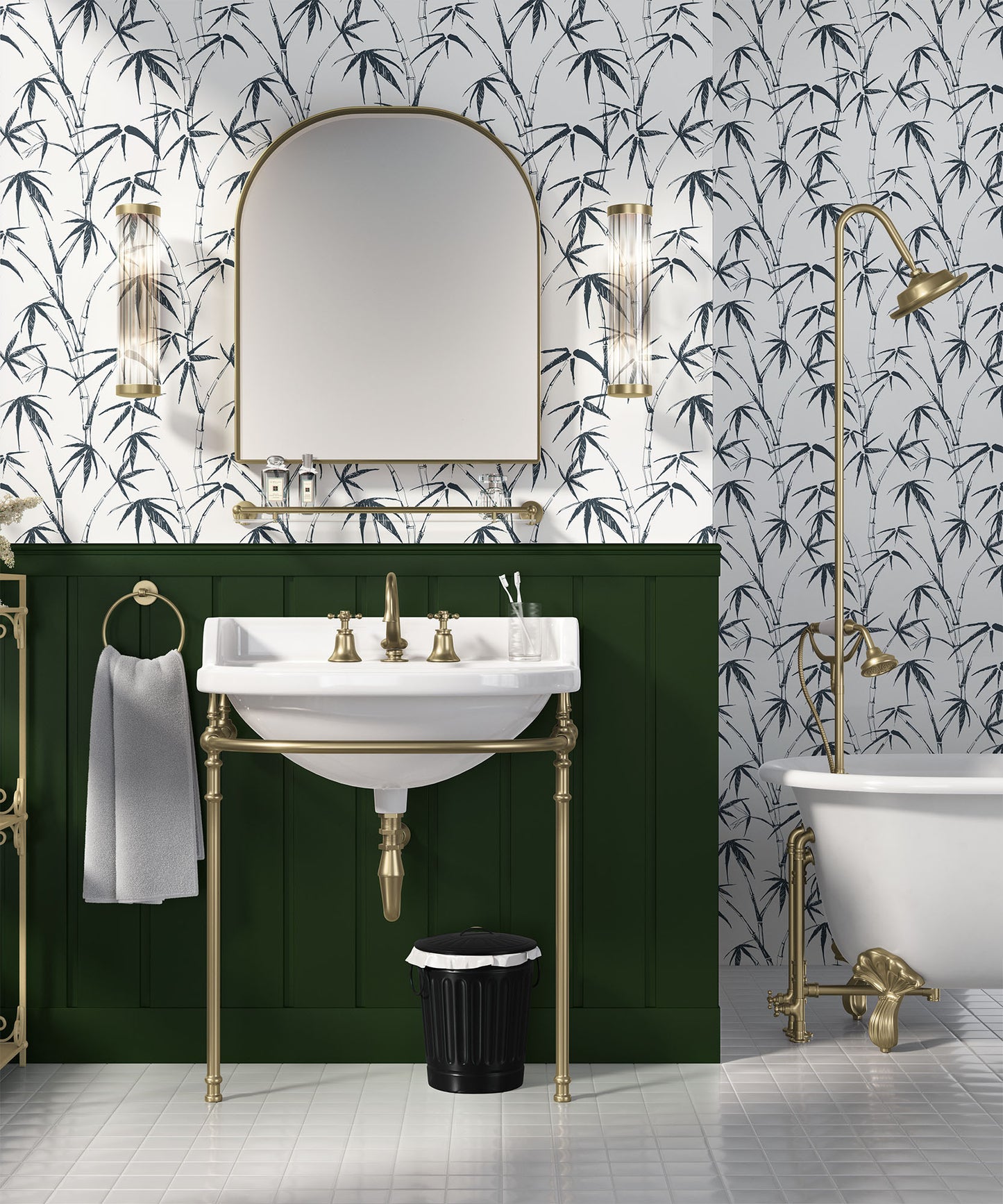 charcoal_traditional wallpaper featuring a sketch of bamboo leaves and stems in charcoal on a white background in a bathroom