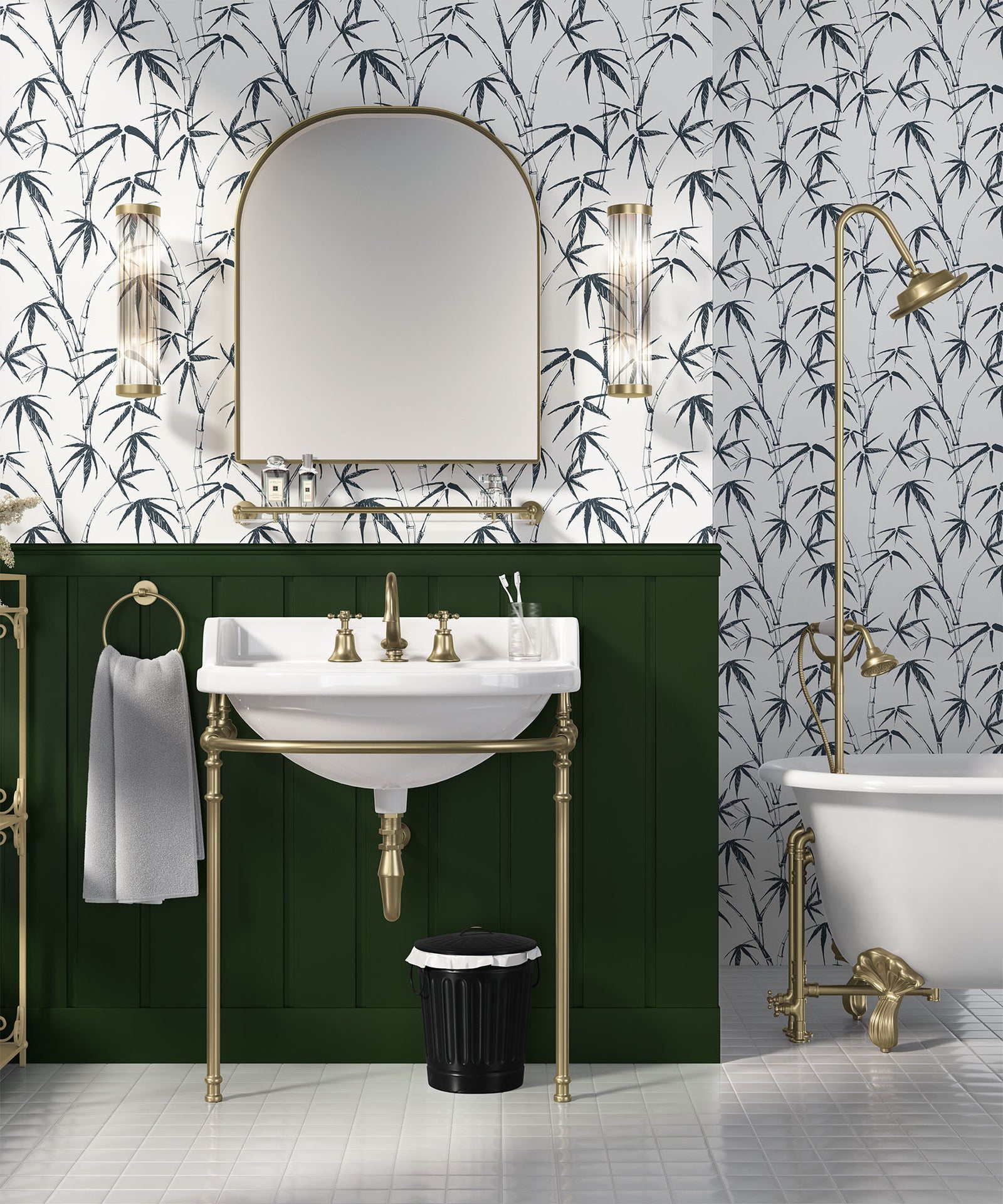 charcoal_traditional wallpaper featuring a sketch of bamboo leaves and stems in charcoal on a white background in a bathroom