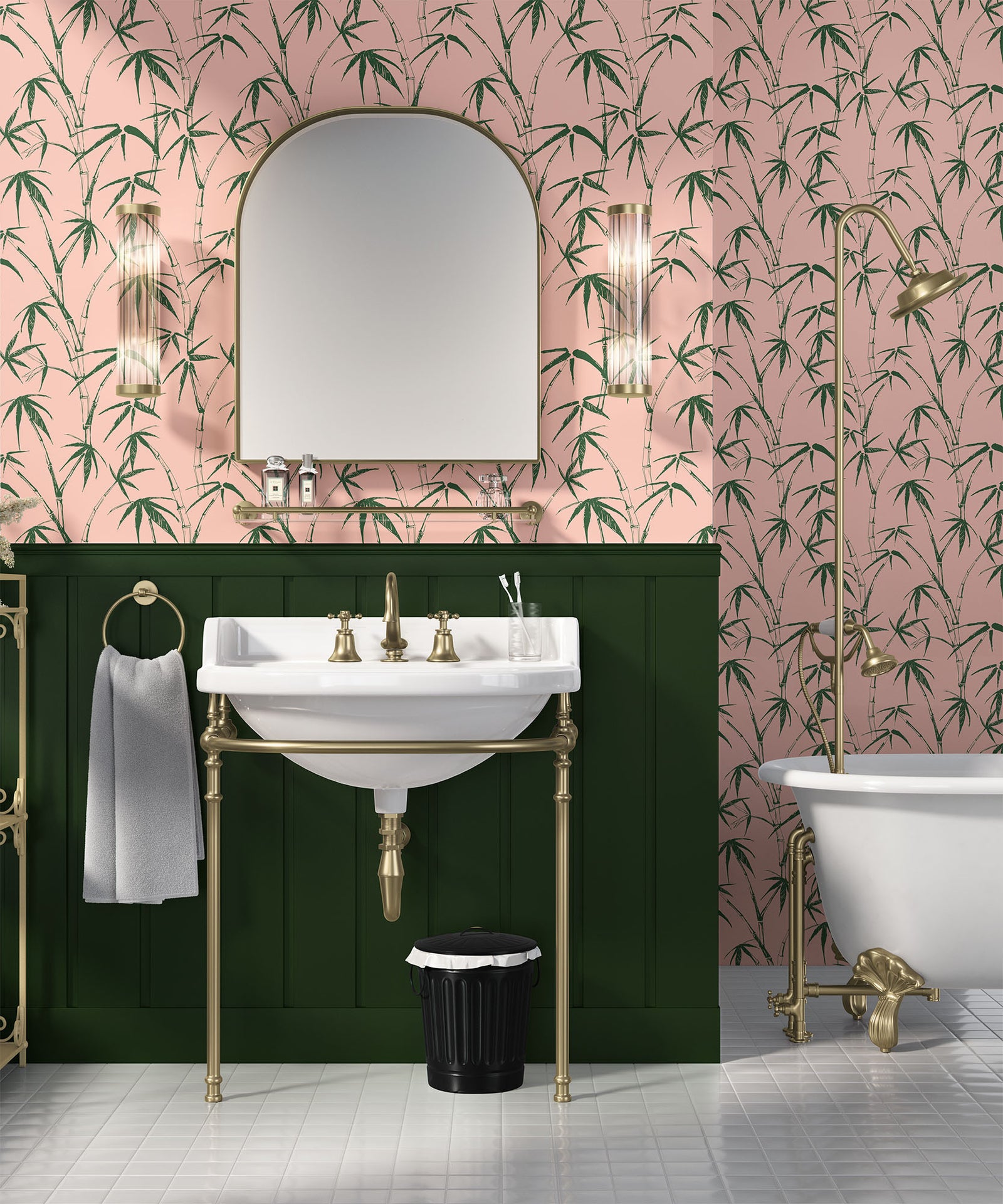 dark-moss_traditional wallpaper featuring a sketch of bamboo leaves and stems in green on a pink background in a bathroom