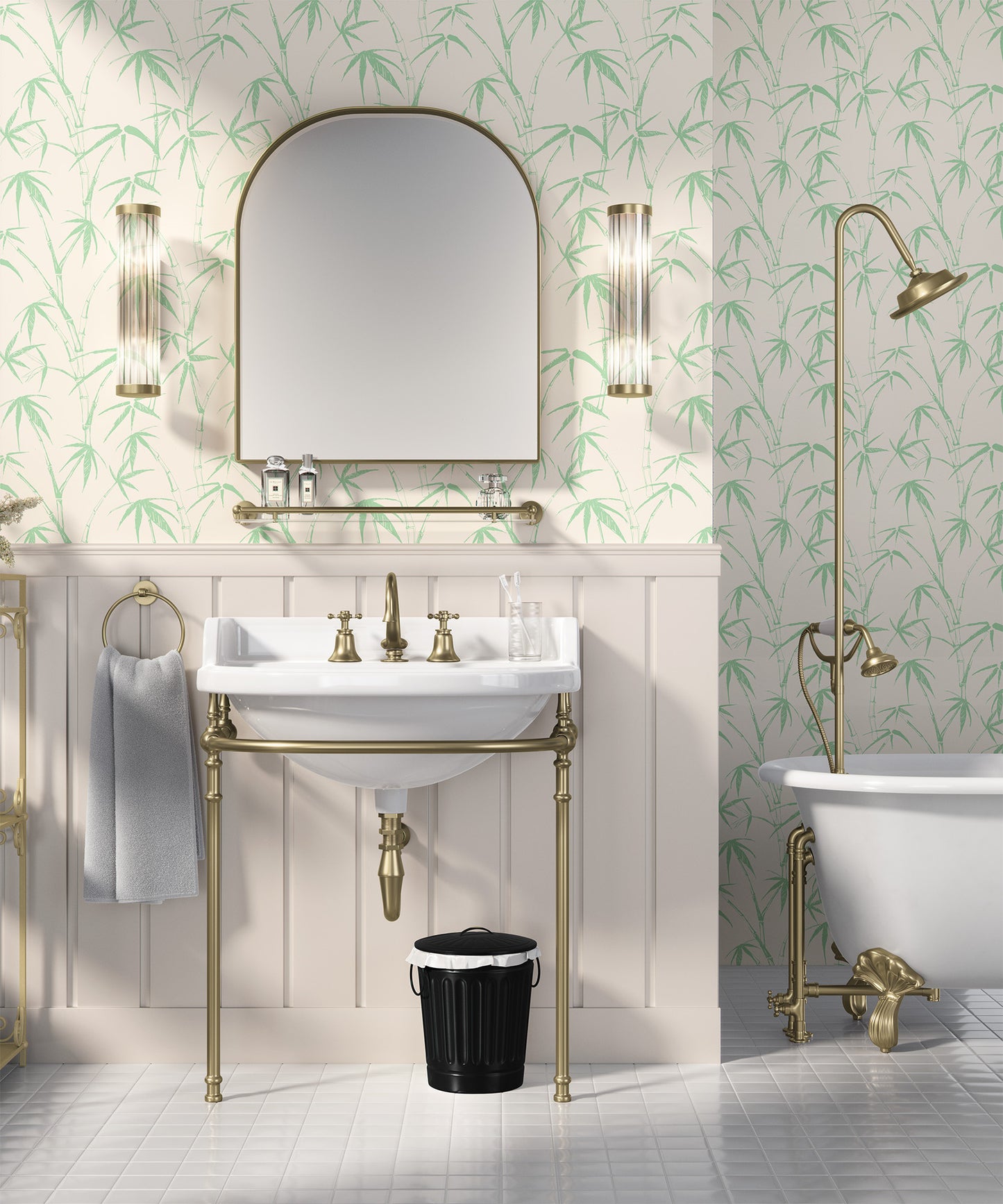 light-green_traditional wallpaper featuring a sketch of bamboo leaves and stems in light green on a cream background in a bathroom