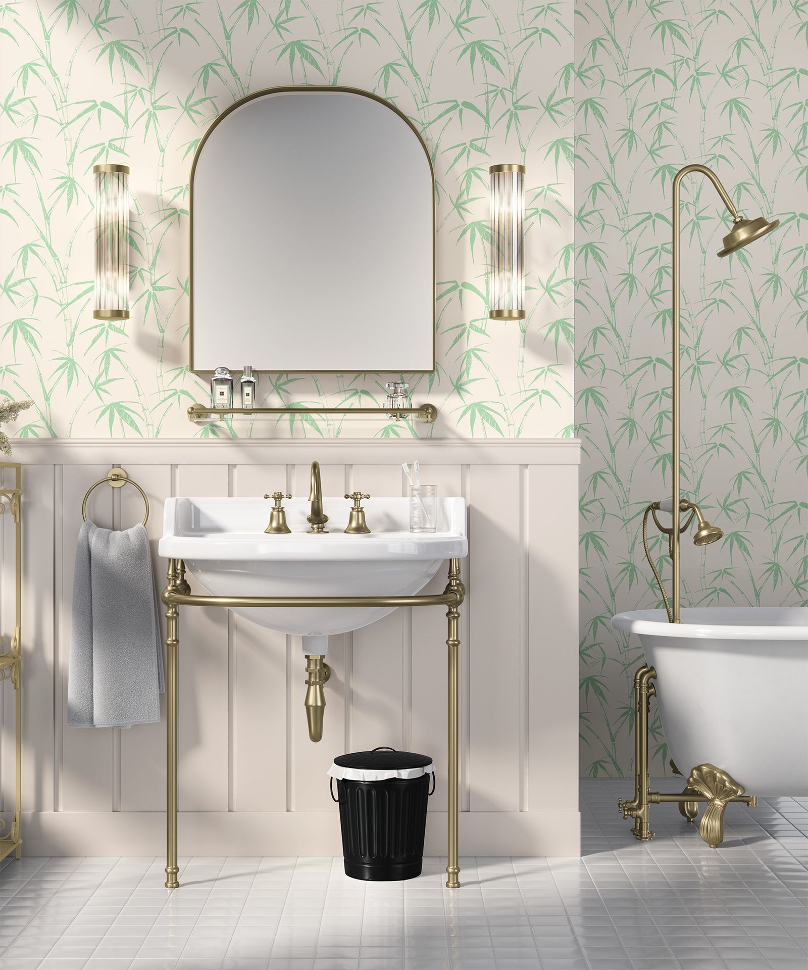 light-green_traditional wallpaper featuring a sketch of bamboo leaves and stems in light green on a cream background in a bathroom