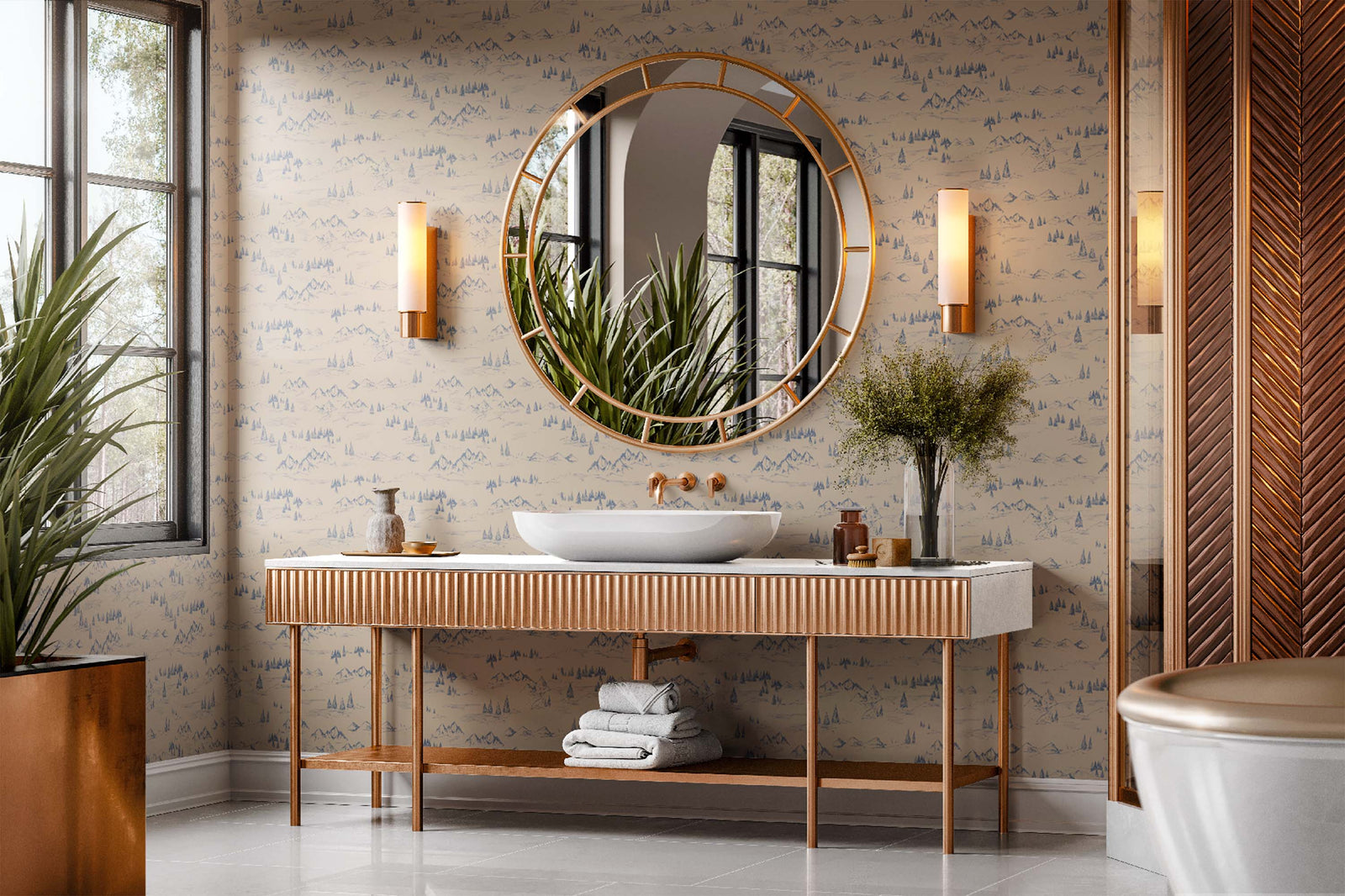 taupe_A wallpaper featuring a taupe and navy mountainous landscape with trees.