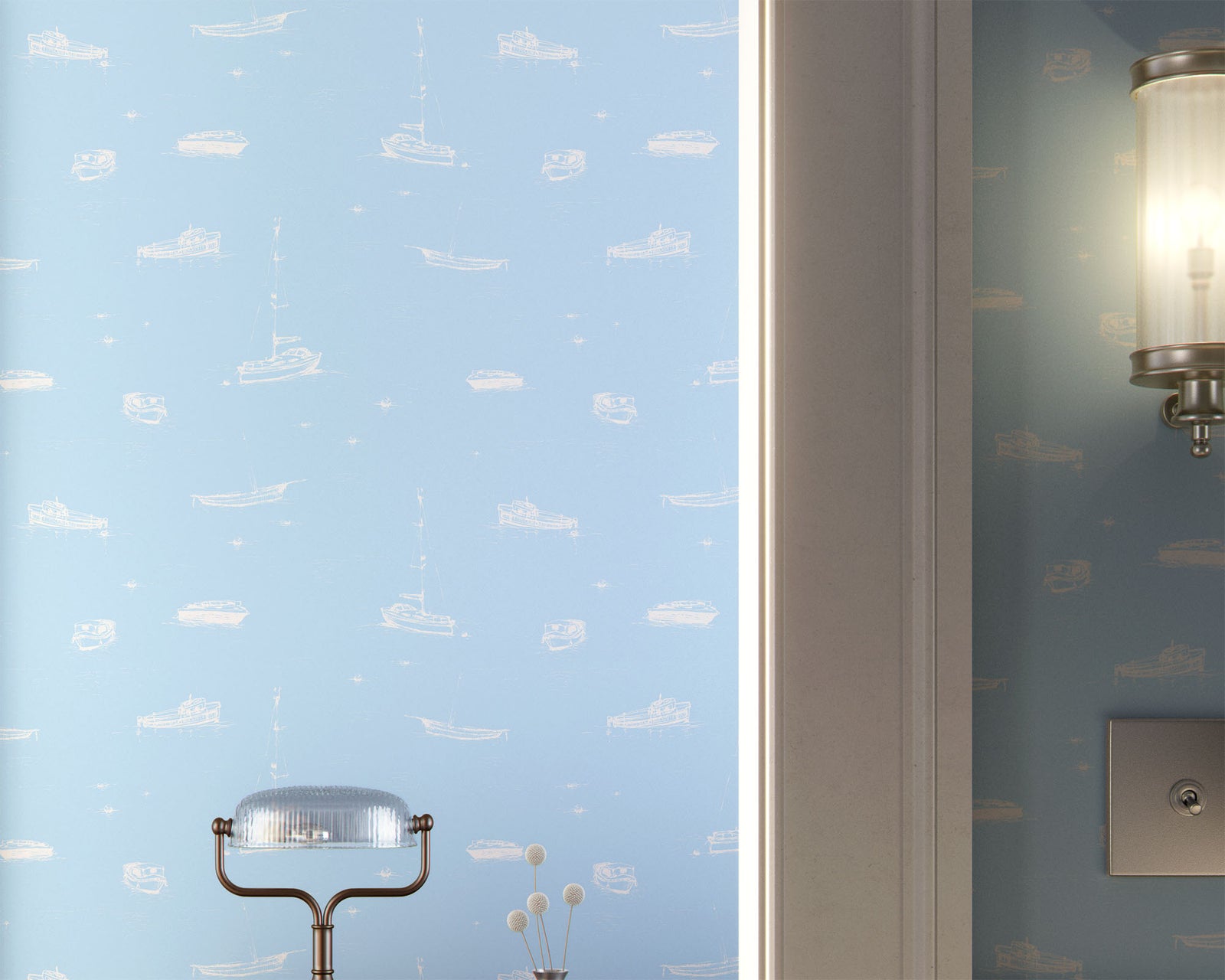 light-blue_A wallpaper with a light blue and white sketch pattern featuring boats on the ocean in a bathroom