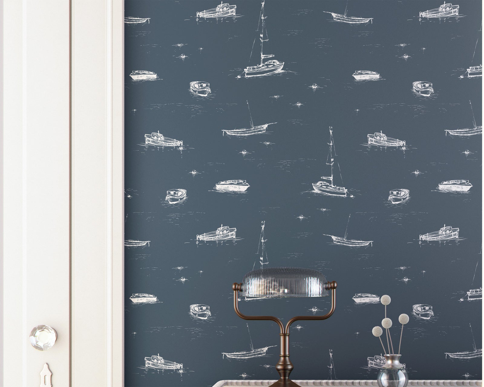 slate_A wallpaper with a slate and white sketch pattern featuring boats on the ocean in a bathroom