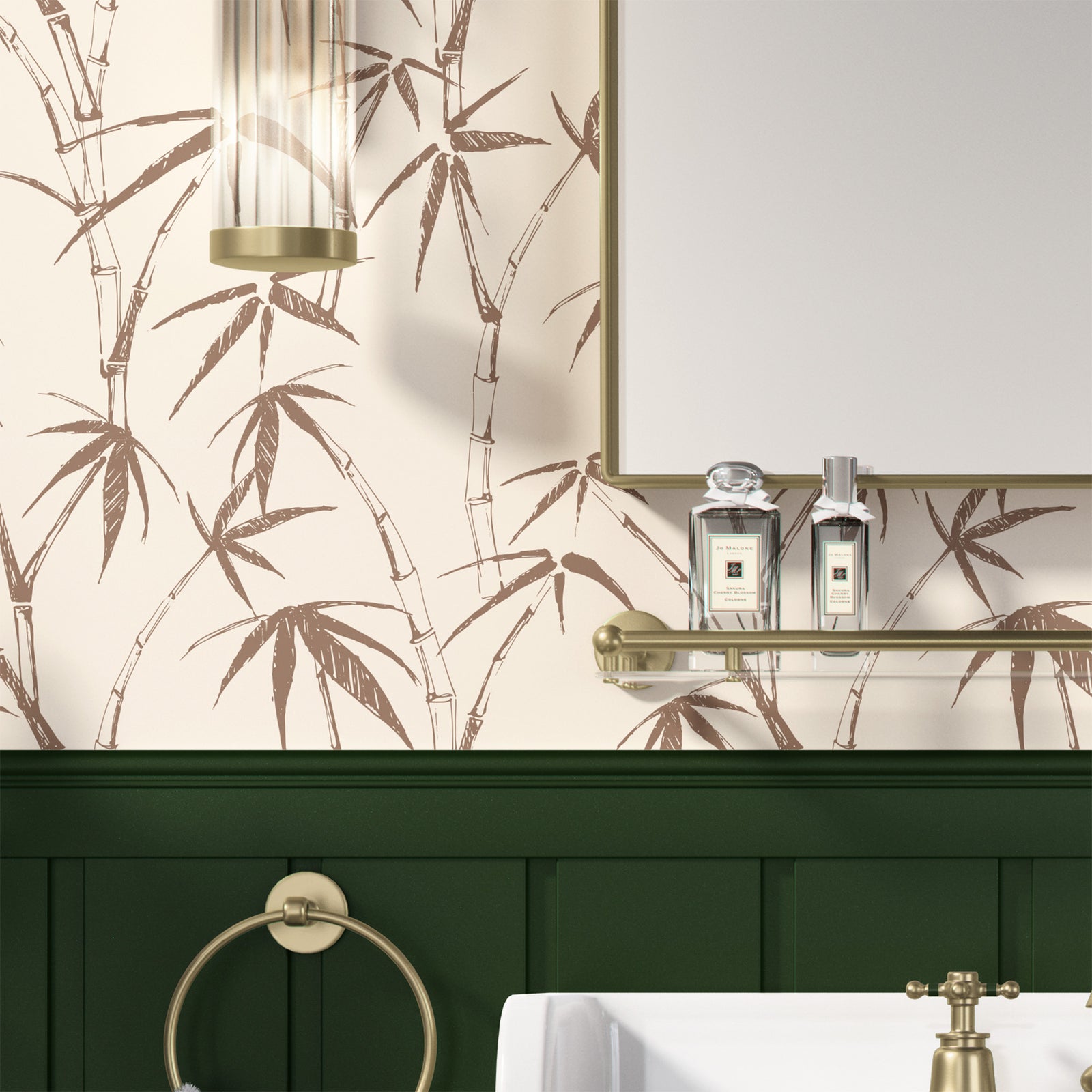 brown_traditional wallpaper featuring a sketch of bamboo leaves and stems in brown on a cream background in a bathroom