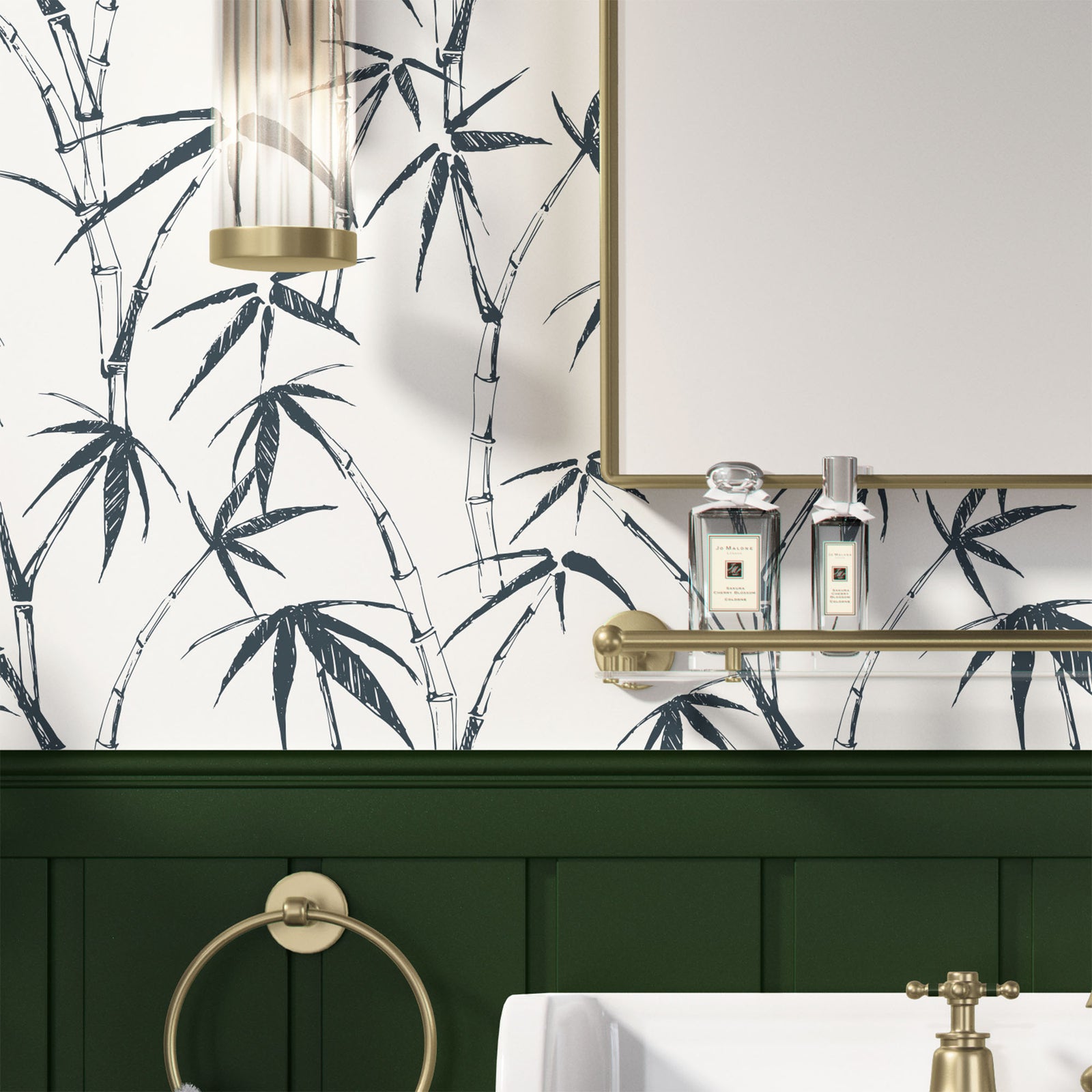 charcoal_traditional wallpaper featuring a sketch of bamboo leaves and stems in charcoal on a white background in a bathroom