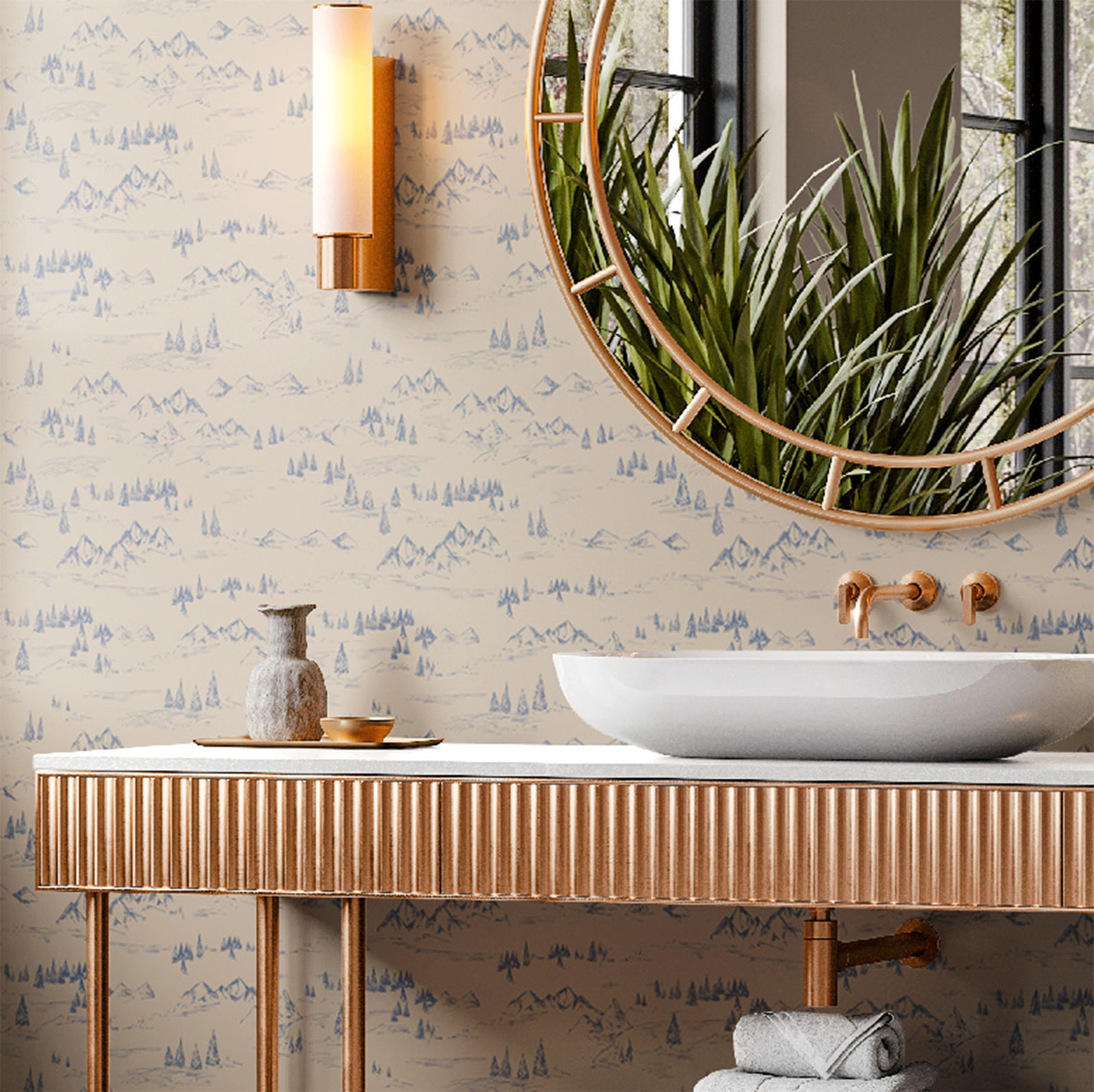 taupe_A wallpaper featuring a taupe and navy mountainous landscape with trees.