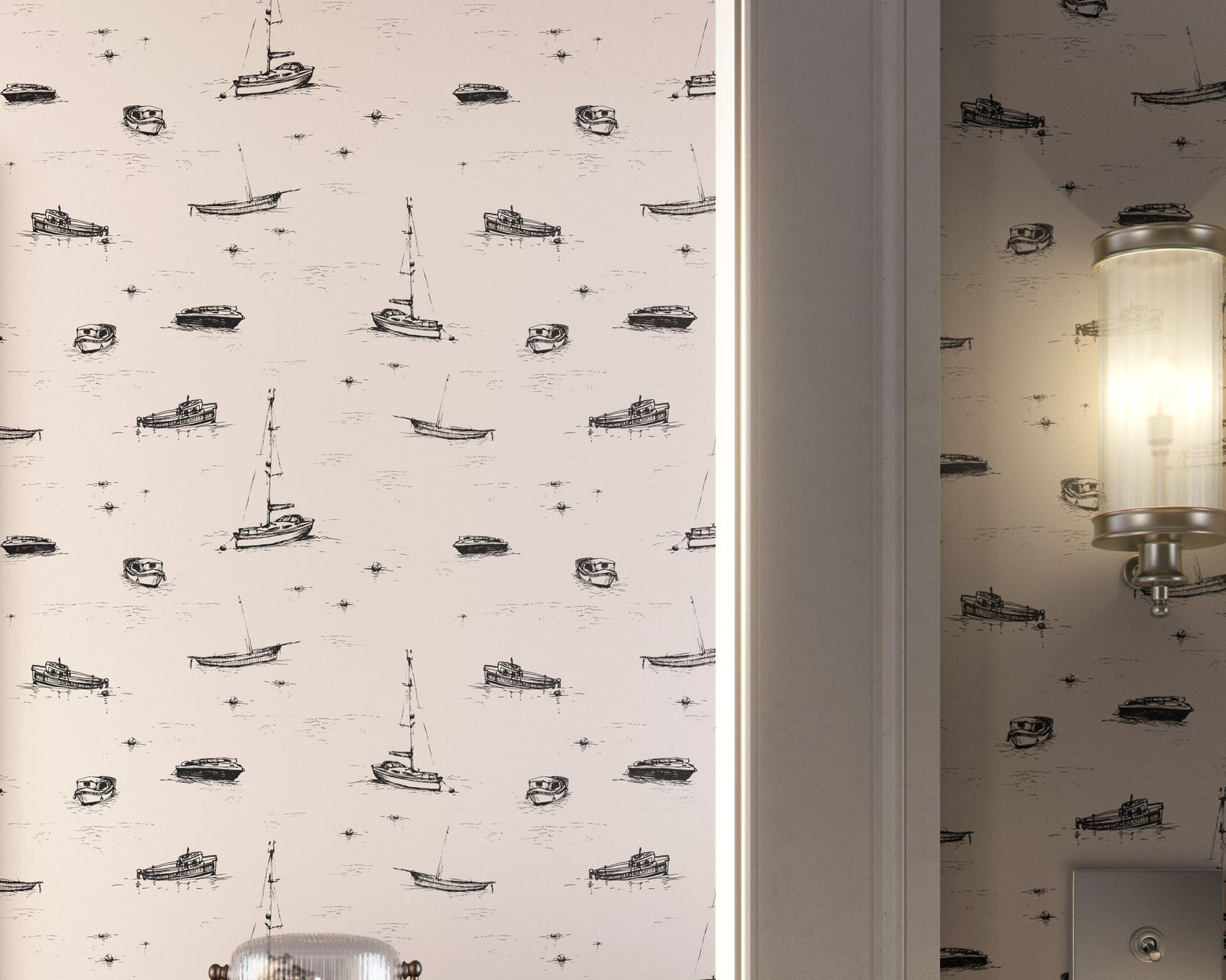 beige_A wallpaper with a beige and black sketch pattern featuring boats on the ocean in a bathroom