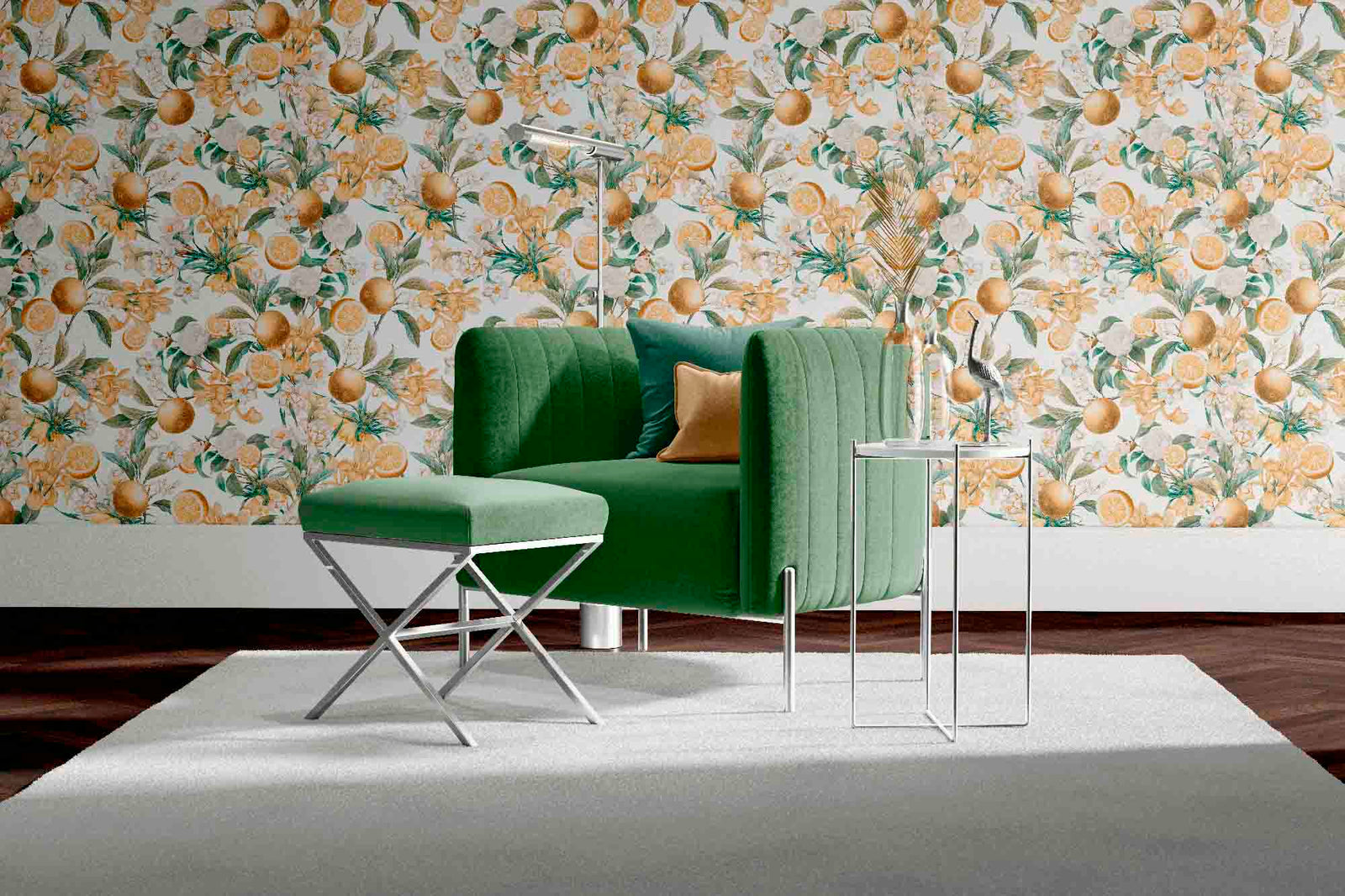white_wallpaper displaying a floral pattern with golden yellow lemon fruits and green leaves on a white background.